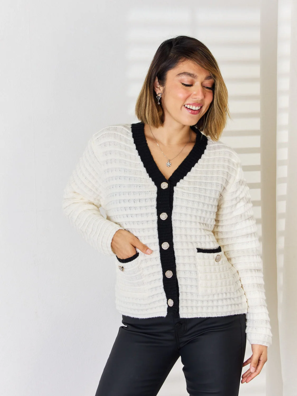 Contrast Trim Button Up Cardigan - Image 3