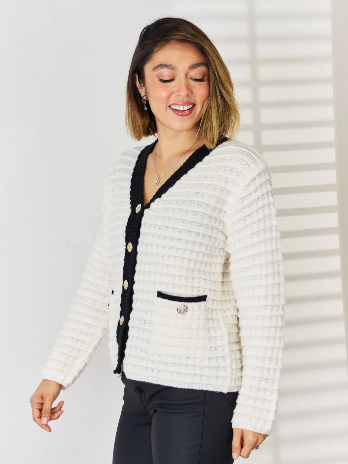 Contrast Trim Button Up Cardigan - Image 5