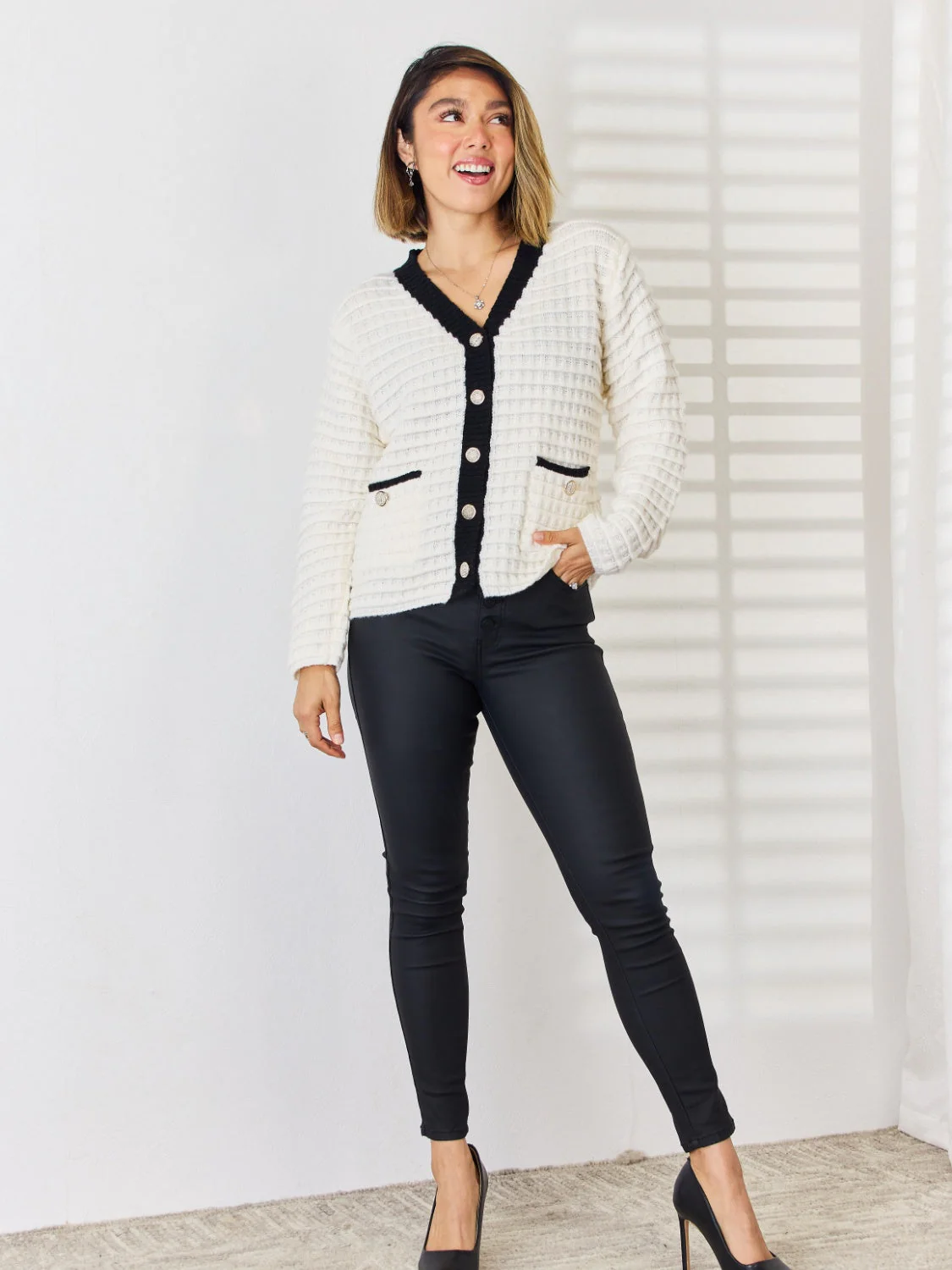 Contrast Trim Button Up Cardigan - Image 7