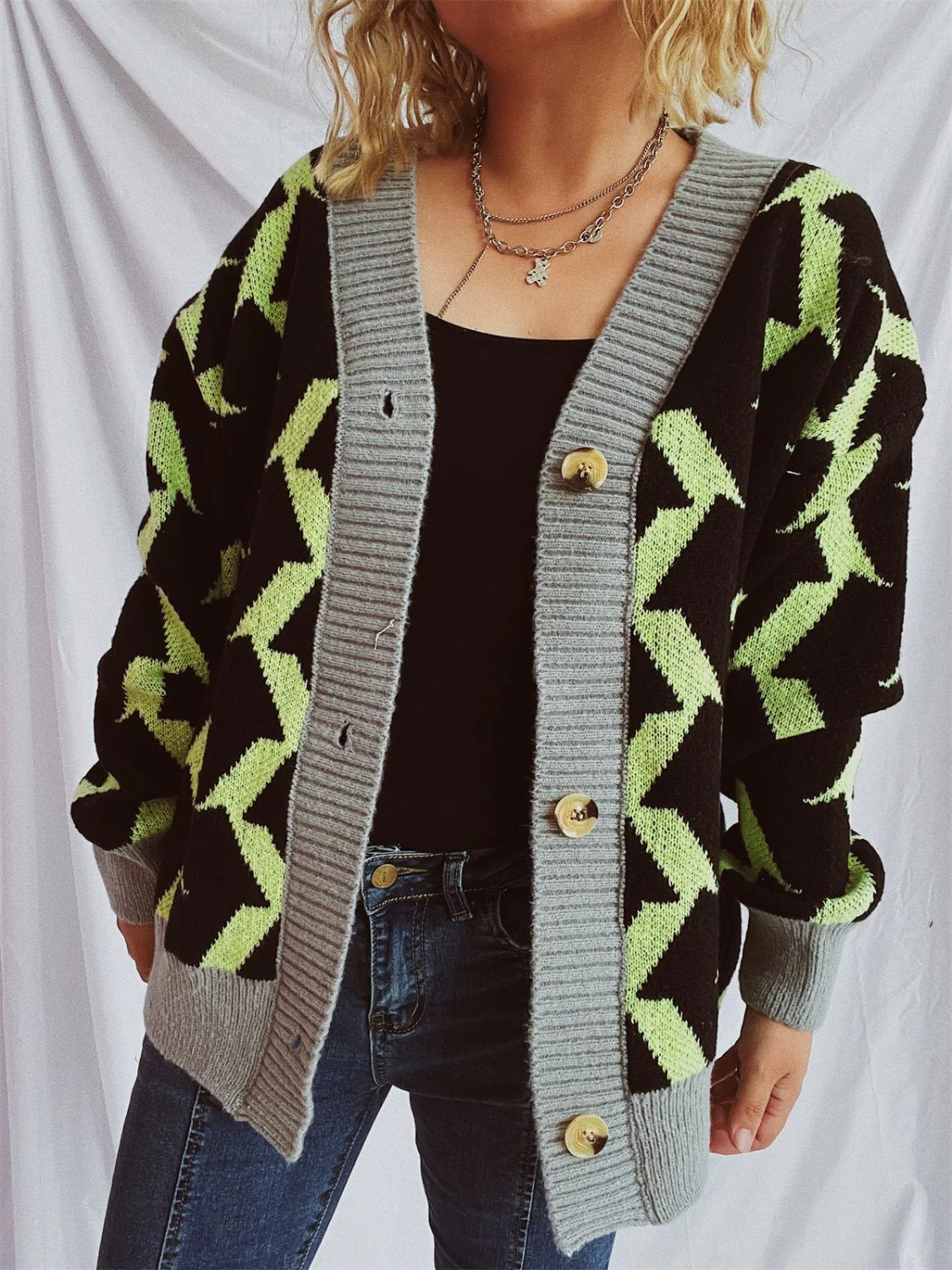 Contrast Trim Geometric V-Neck Long Sleeve Cardigan - Image 13
