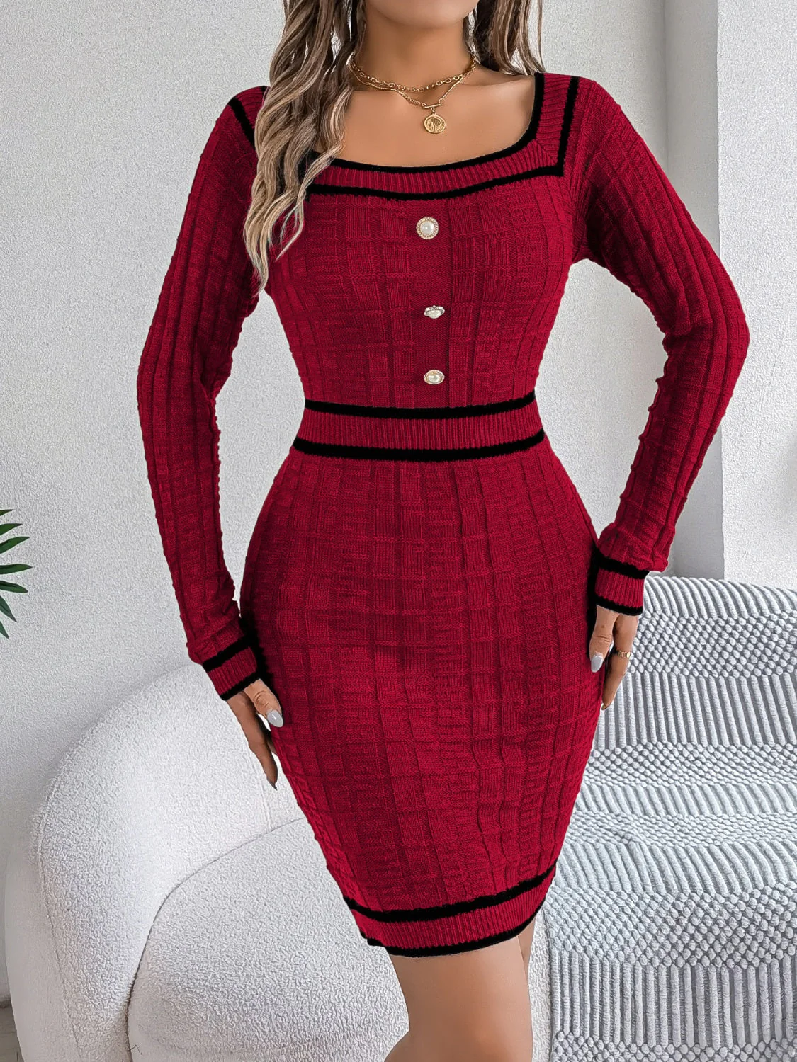 Contrast Trim Long Sleeve Sweater Dress - Image 2