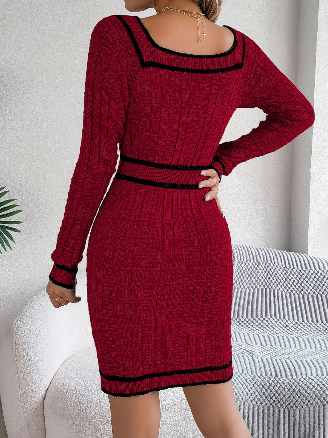 Contrast Trim Long Sleeve Sweater Dress - Image 3