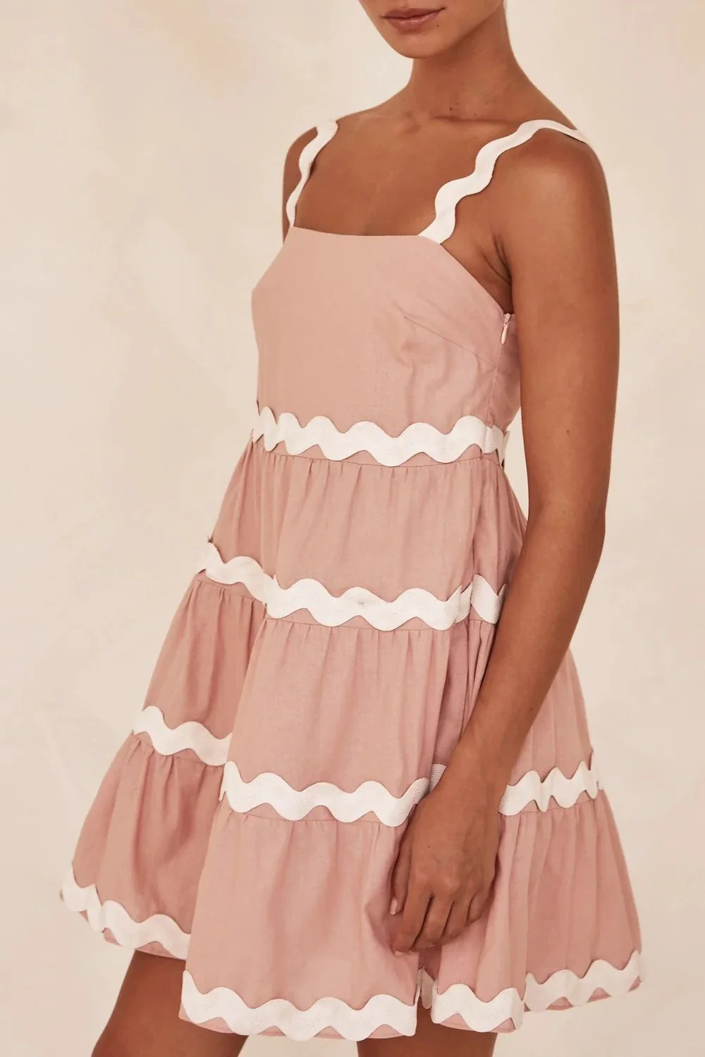 Contrast Trim Square Neck Tiered Dress - Image 2