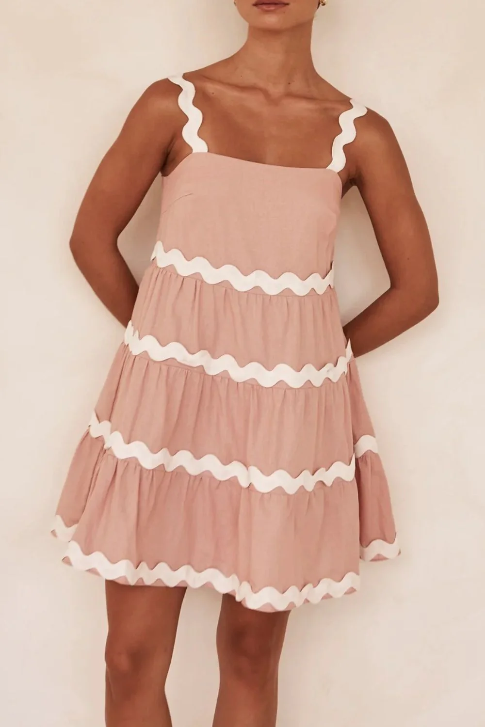 Contrast Trim Square Neck Tiered Dress - Image 3