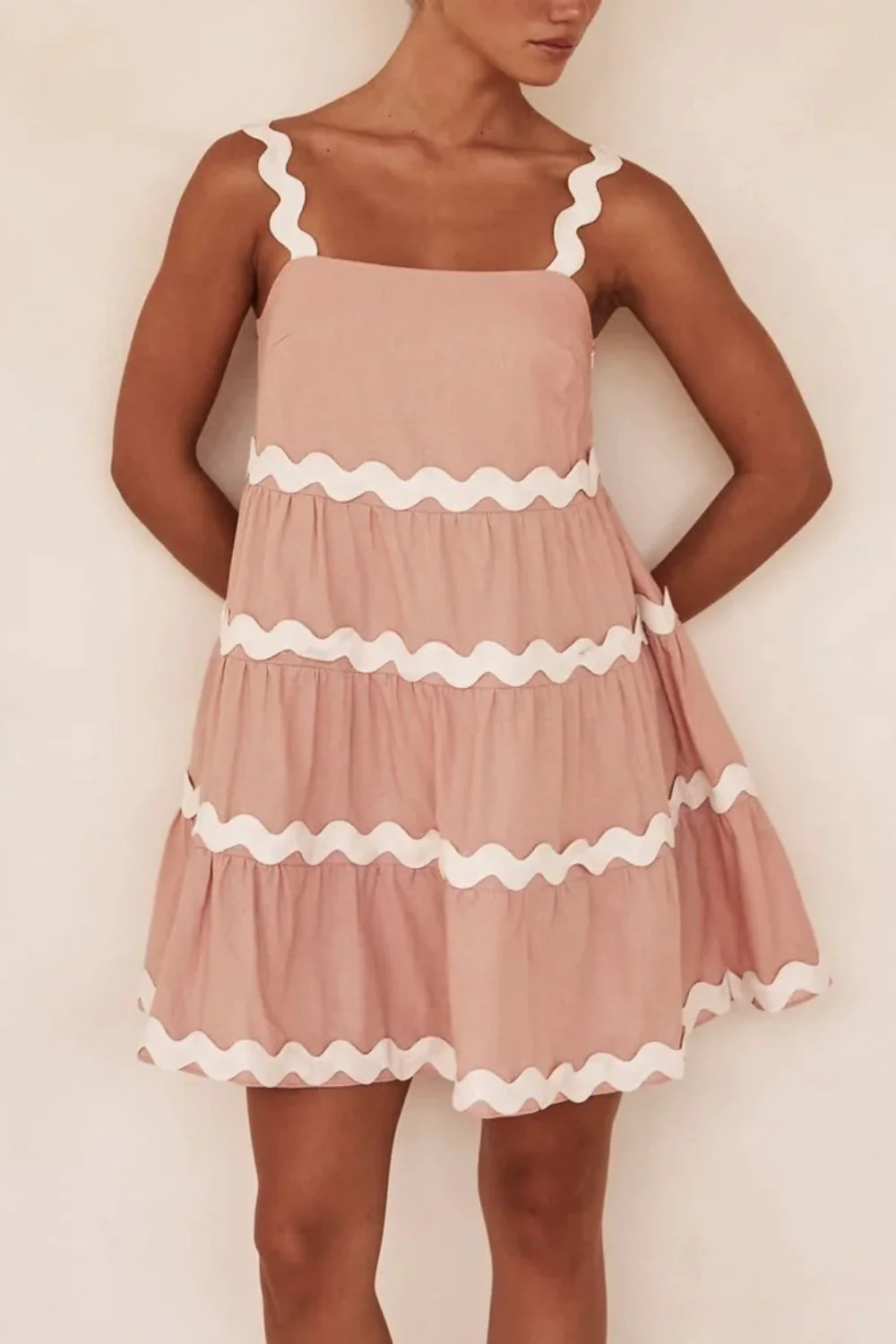 Contrast Trim Square Neck Tiered Dress - Image 7