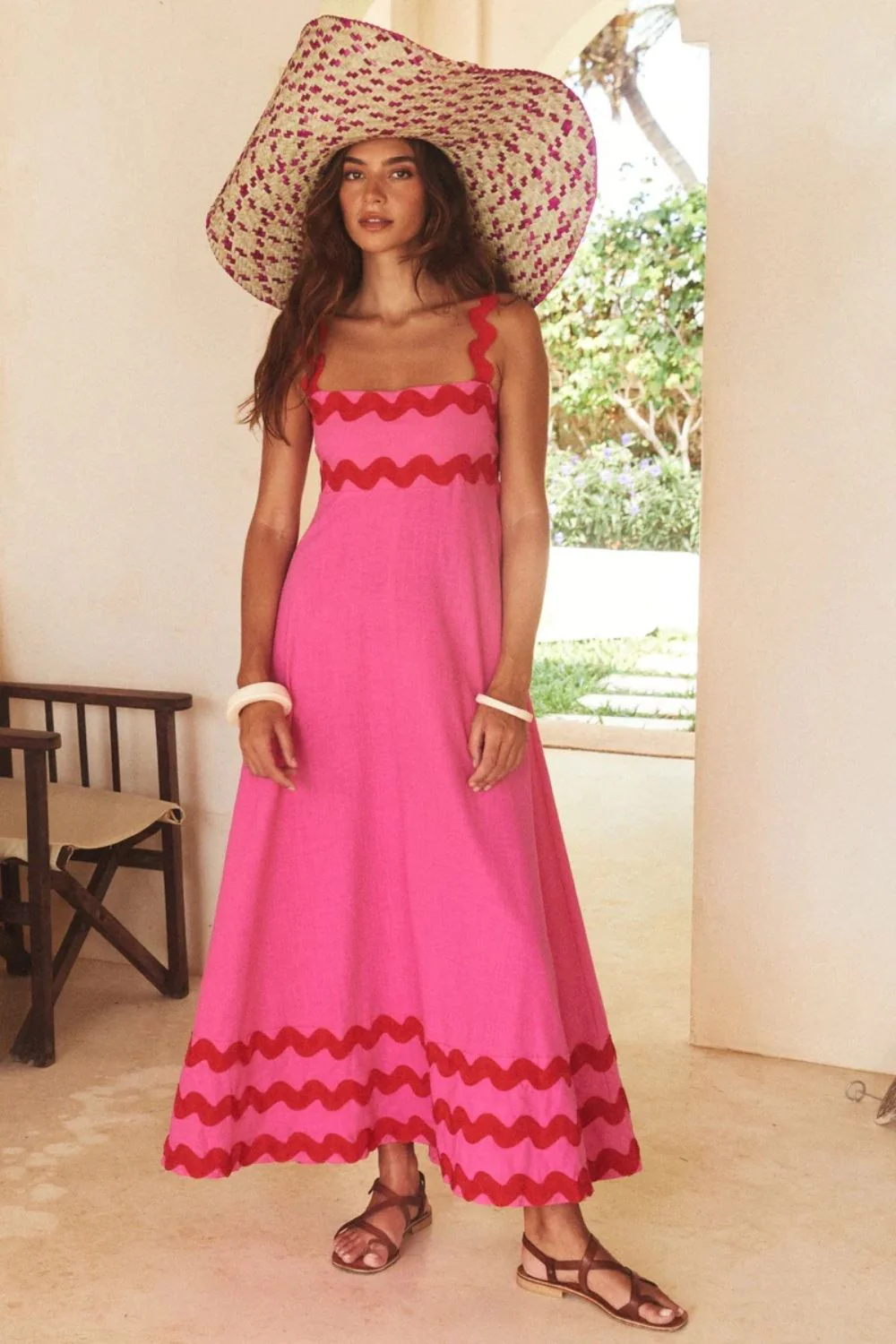 Contrast Trim Square Neck Wide Strap Dress - Image 3