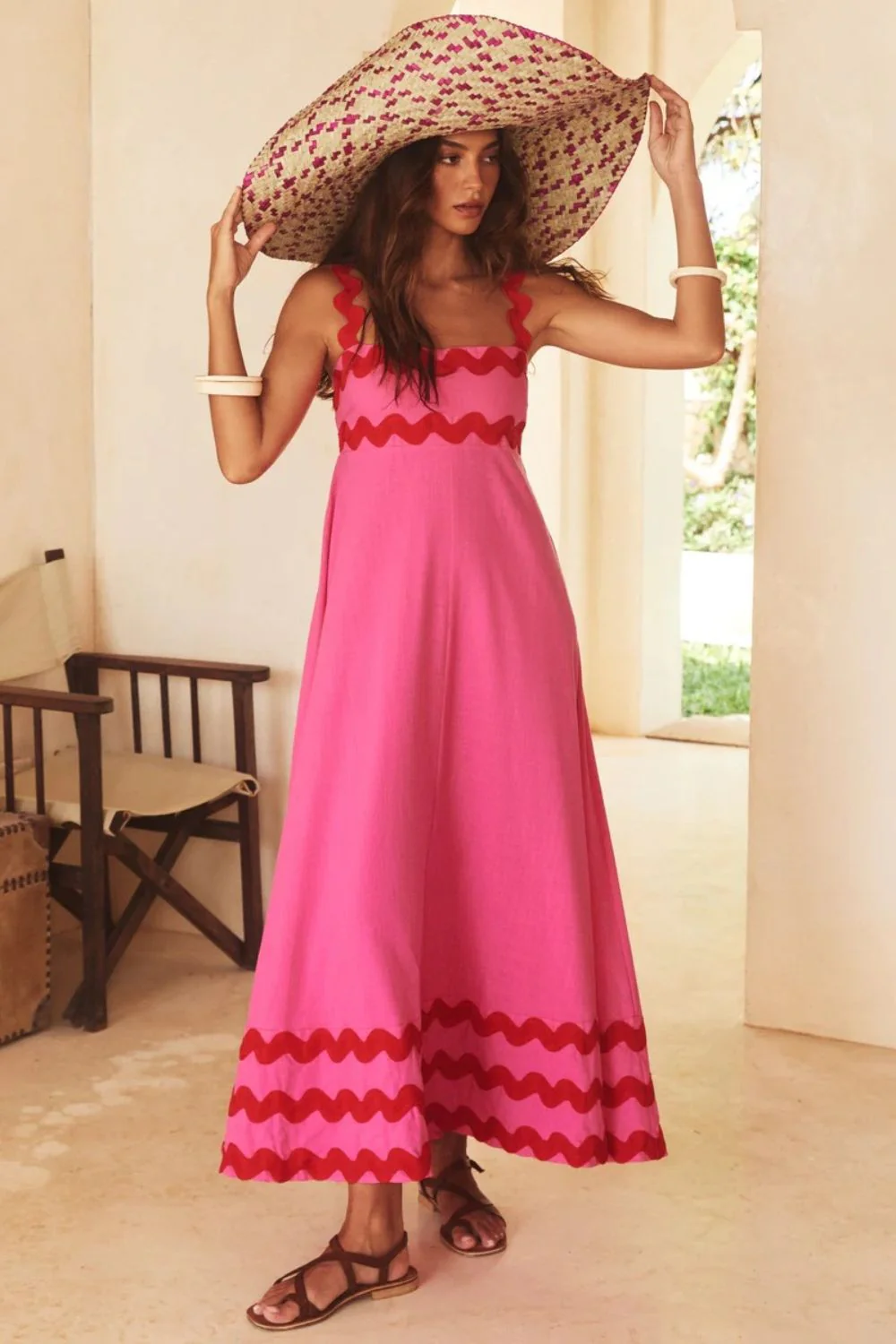 Contrast Trim Square Neck Wide Strap Dress - Image 4