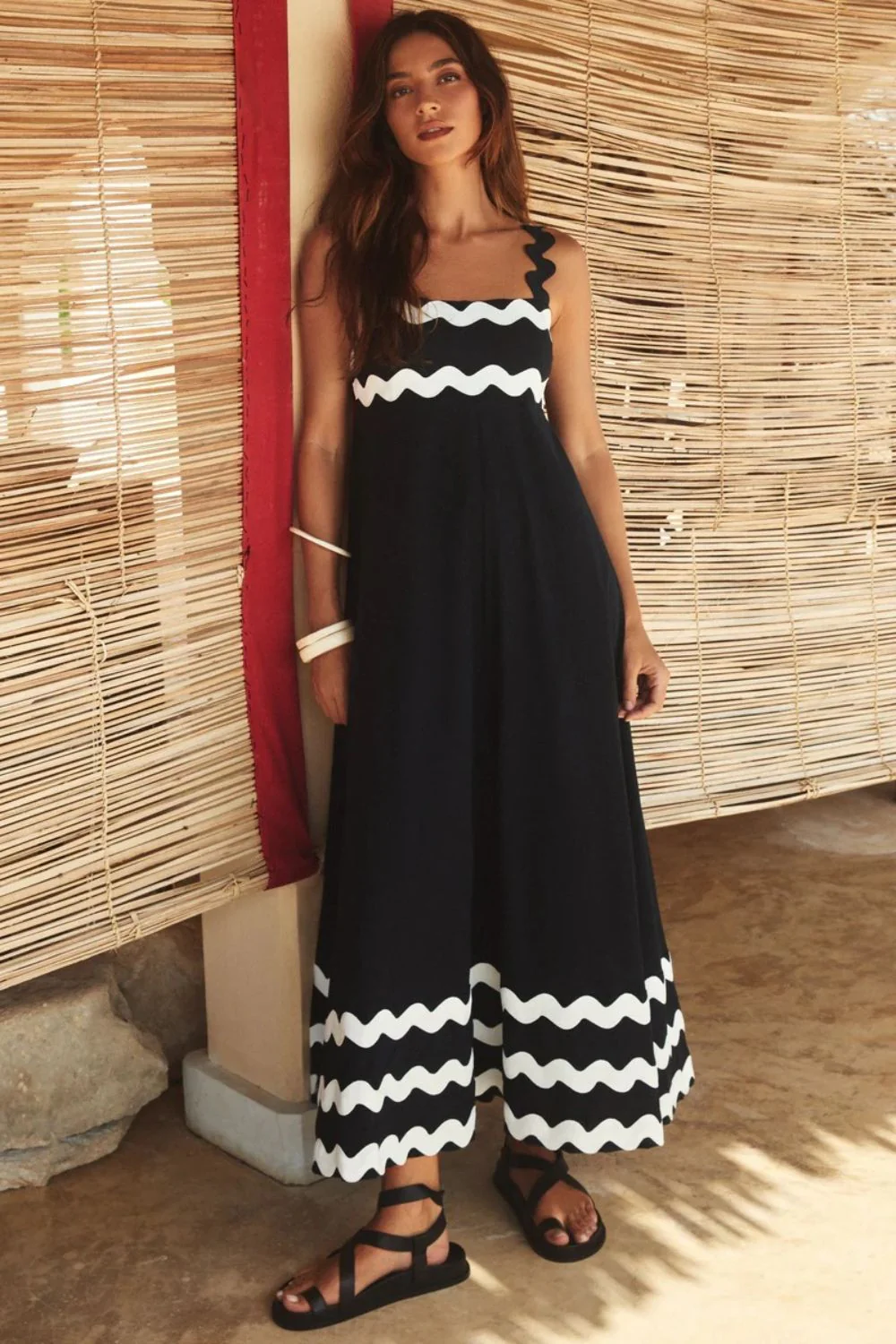 Contrast Trim Square Neck Wide Strap Dress - Image 2