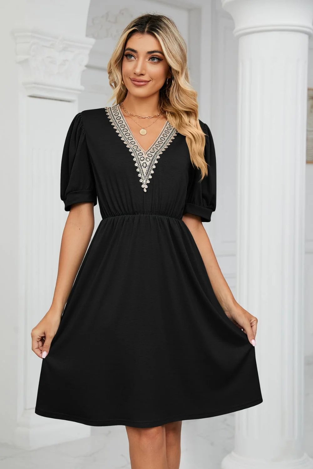 Contrast V-Neck Puff Sleeve Pocket Dress - Image 10