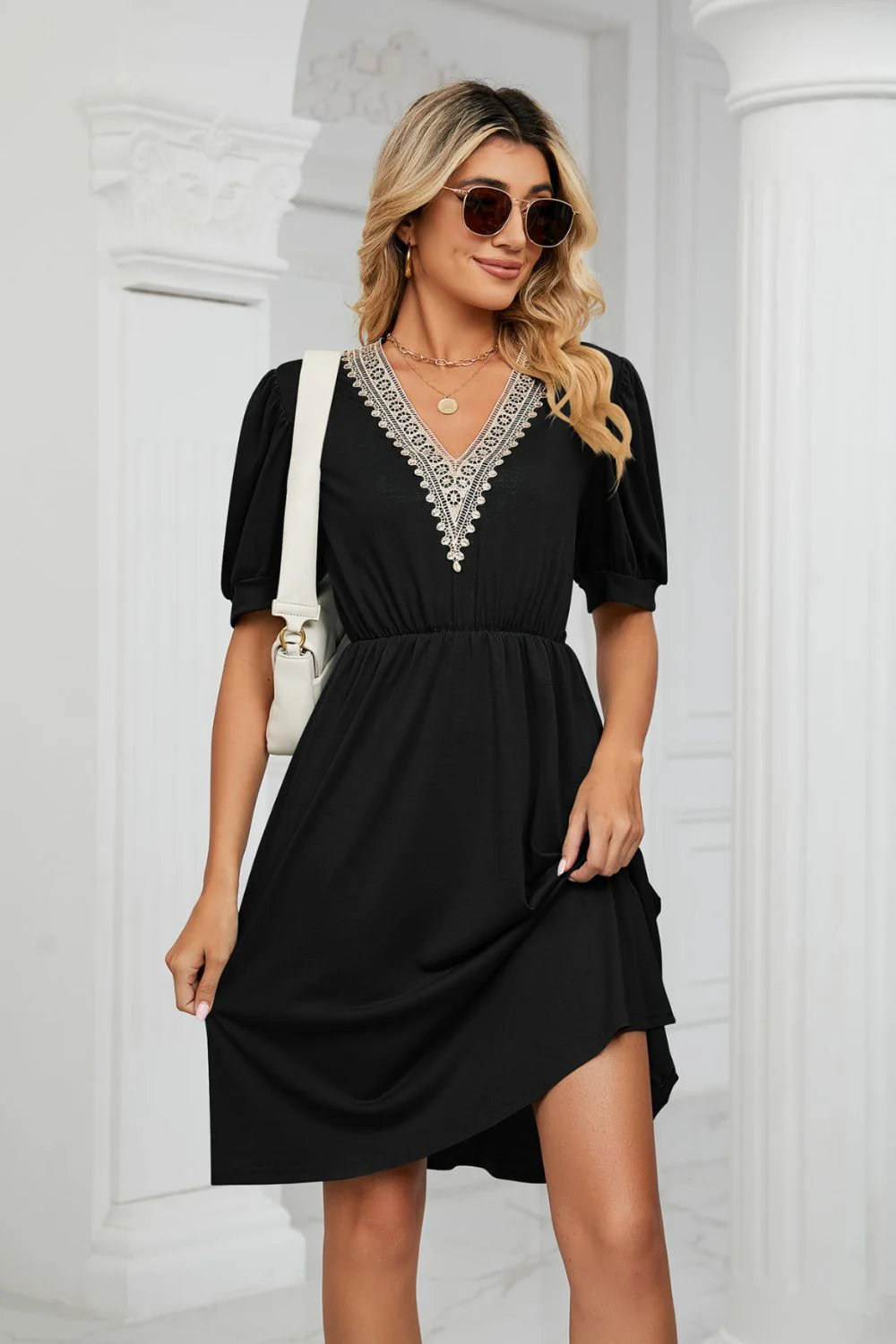 Contrast V-Neck Puff Sleeve Pocket Dress - Image 11