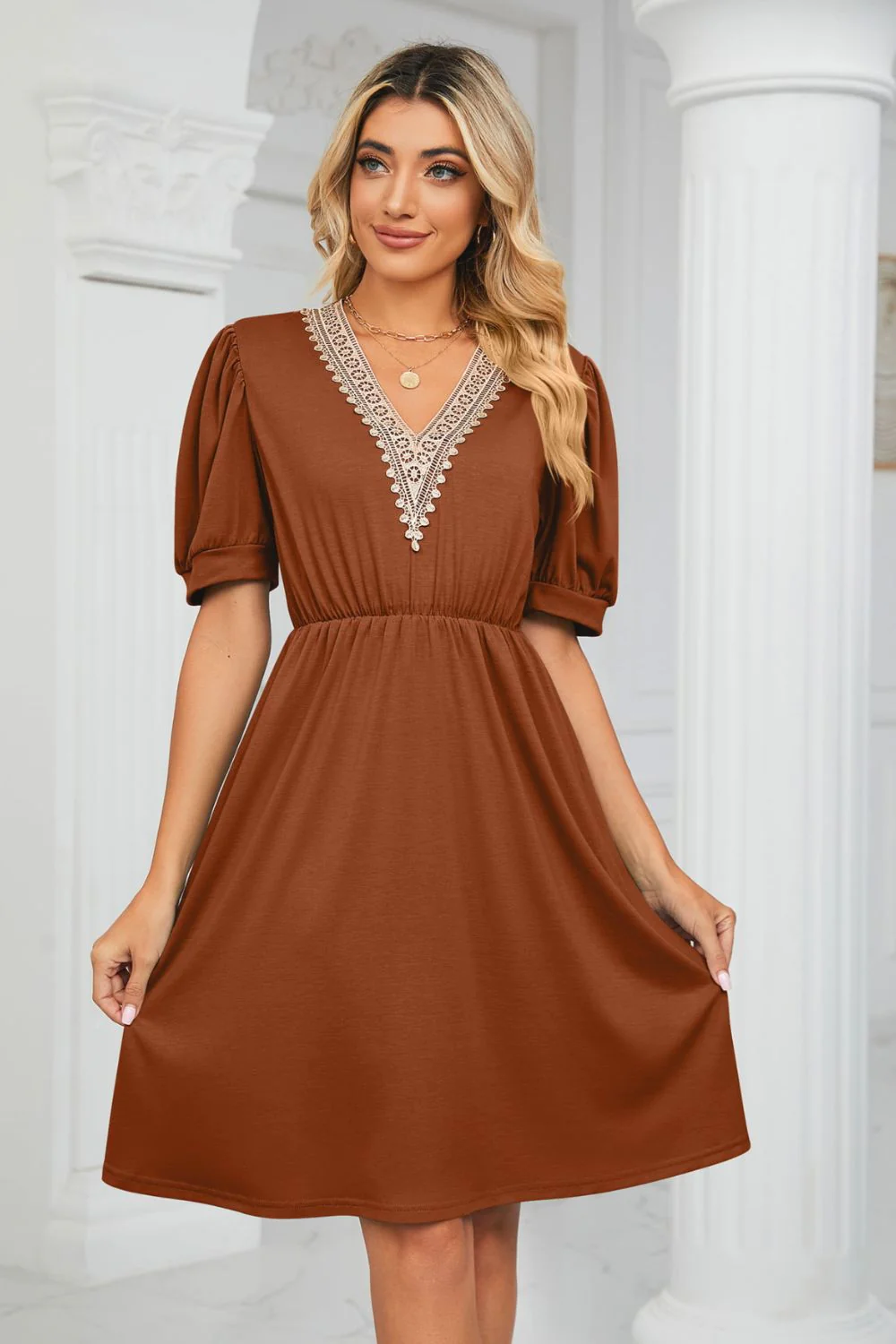 Contrast V-Neck Puff Sleeve Pocket Dress - Image 13