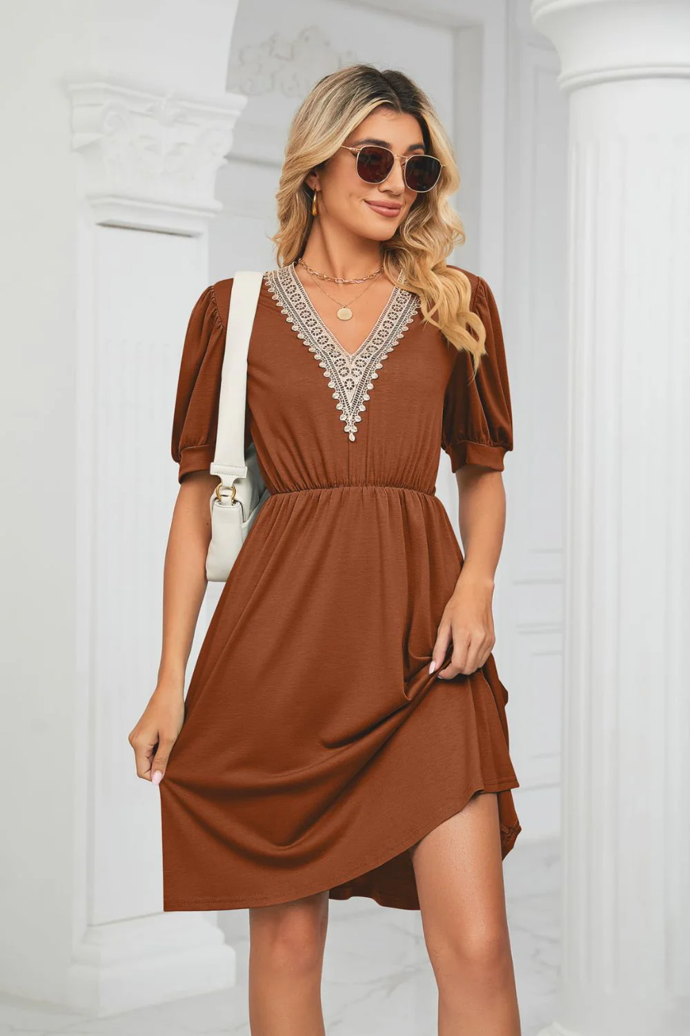 Contrast V-Neck Puff Sleeve Pocket Dress - Image 14