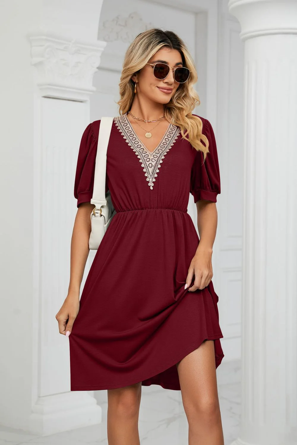 Contrast V-Neck Puff Sleeve Pocket Dress - Image 16