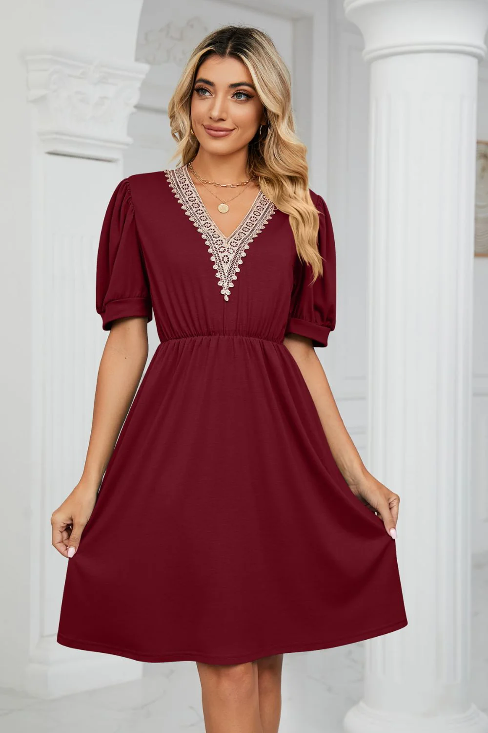 Contrast V-Neck Puff Sleeve Pocket Dress - Image 17