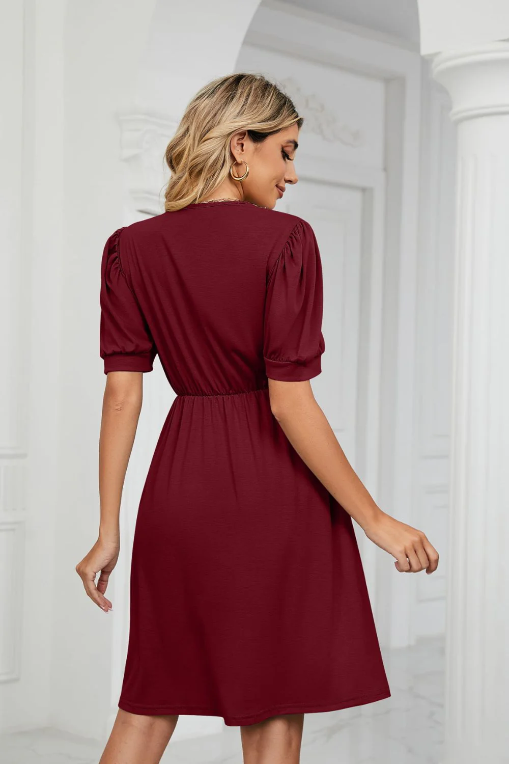 Contrast V-Neck Puff Sleeve Pocket Dress - Image 18