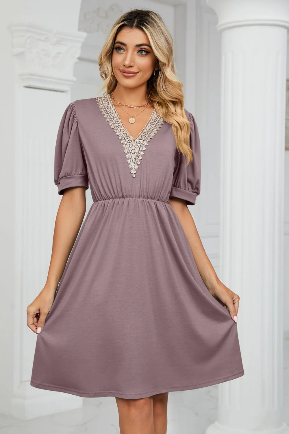 Contrast V-Neck Puff Sleeve Pocket Dress - Image 19