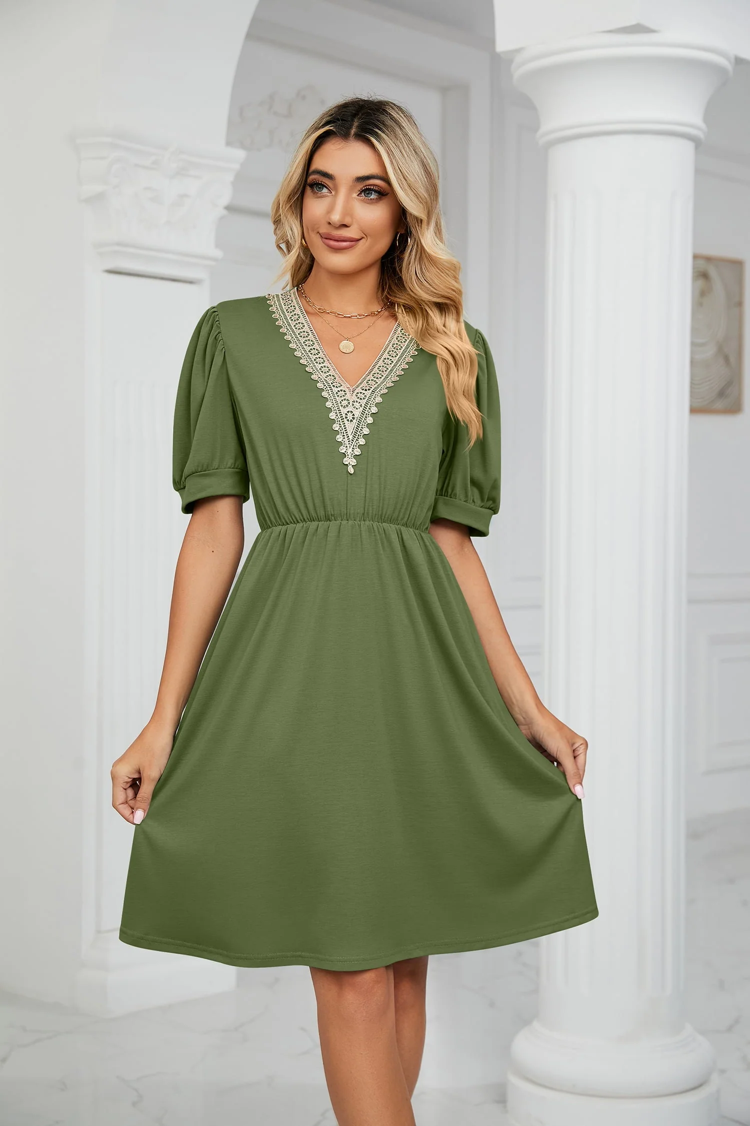 Contrast V-Neck Puff Sleeve Pocket Dress - Image 22