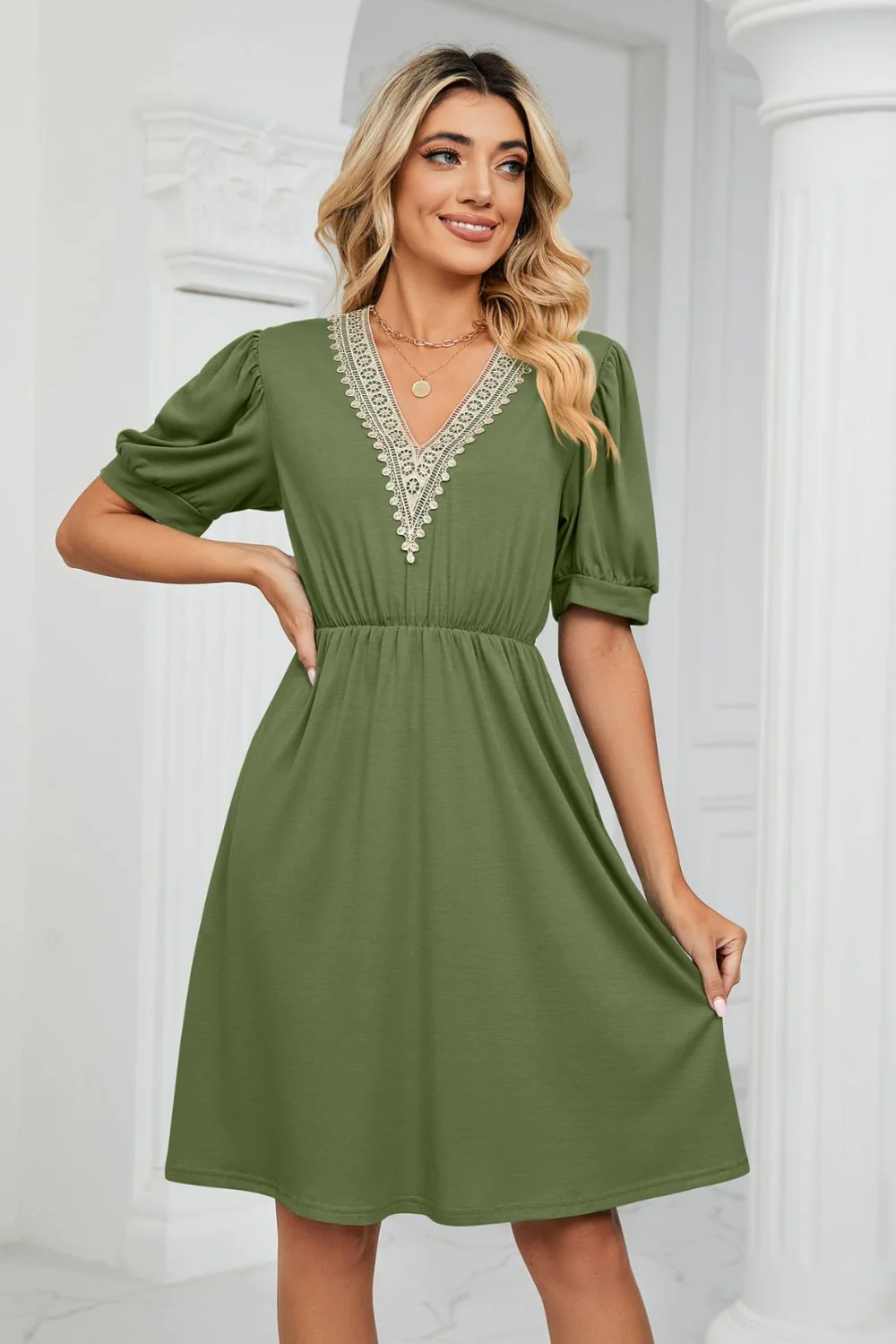 Contrast V-Neck Puff Sleeve Pocket Dress - Image 23