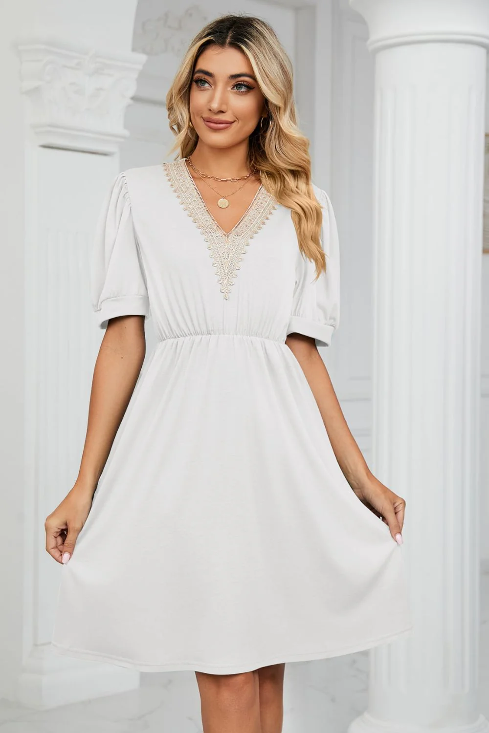 Contrast V-Neck Puff Sleeve Pocket Dress - Image 5