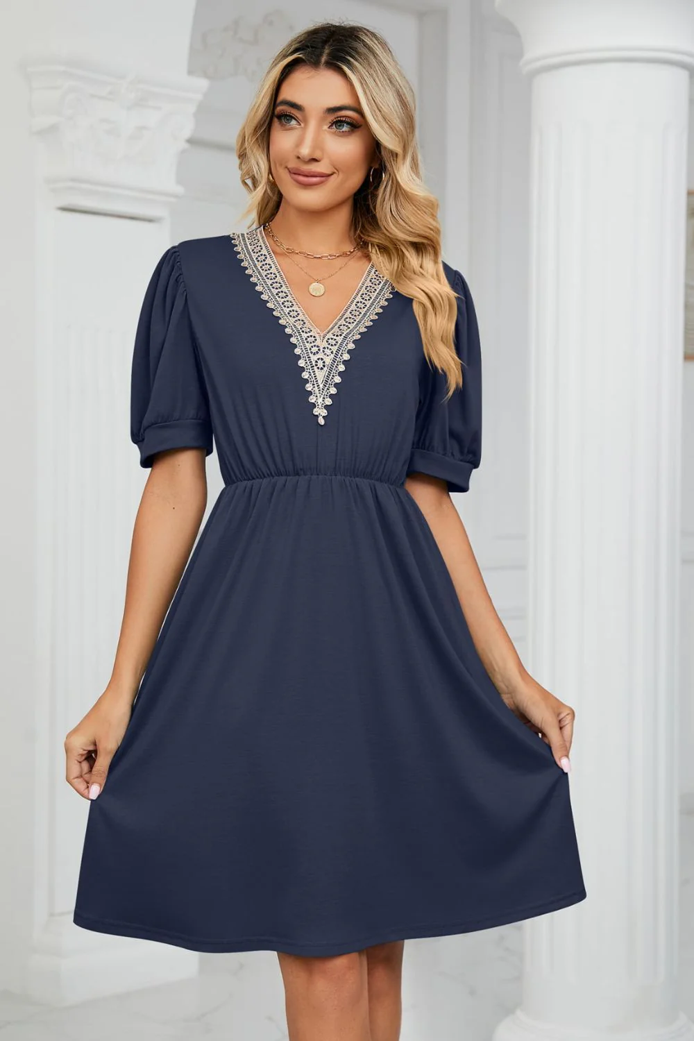Contrast V-Neck Puff Sleeve Pocket Dress - Image 7