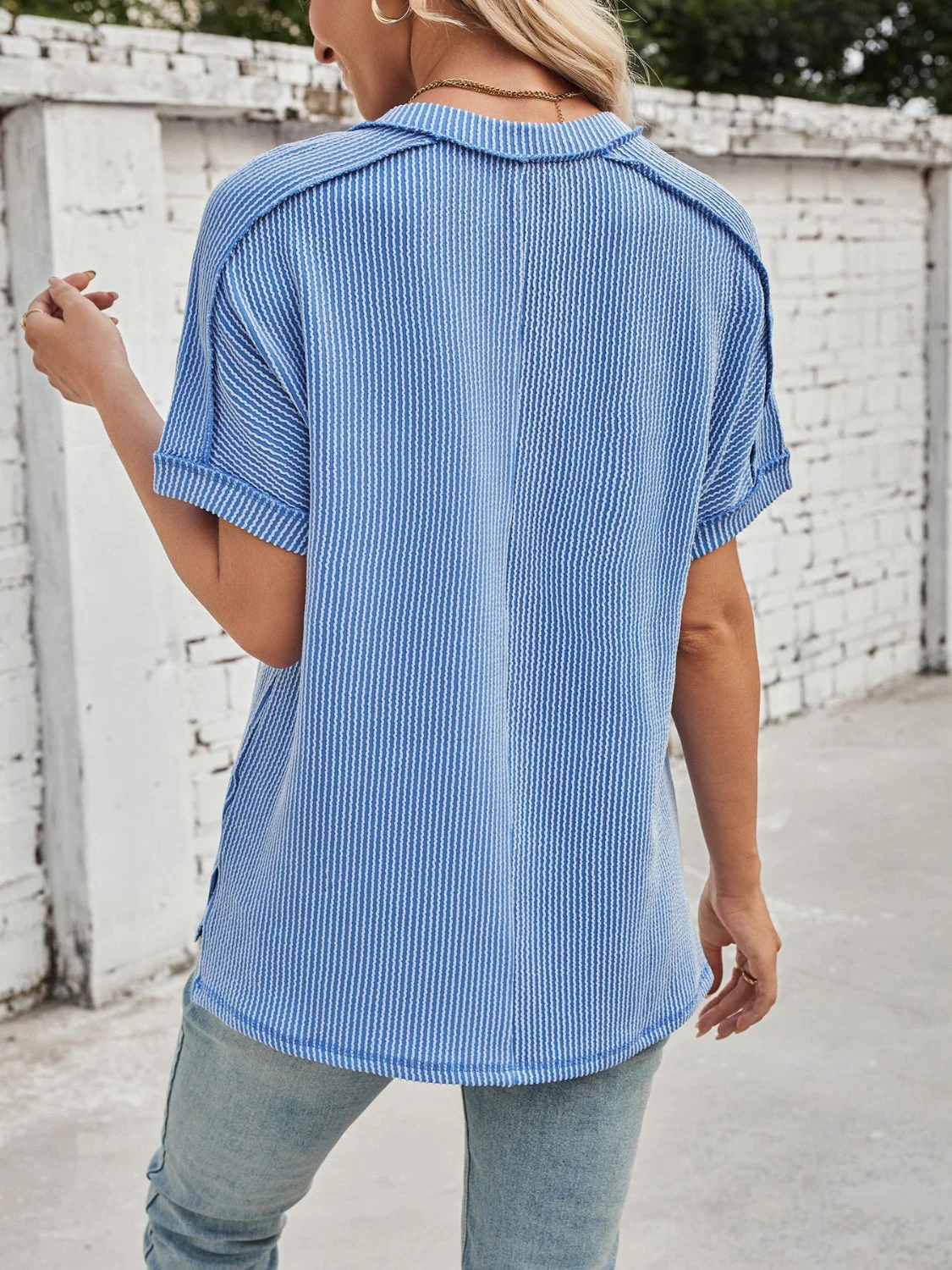 Cord Ribbed V-Neck Short Sleeve T-Shirt - Image 13
