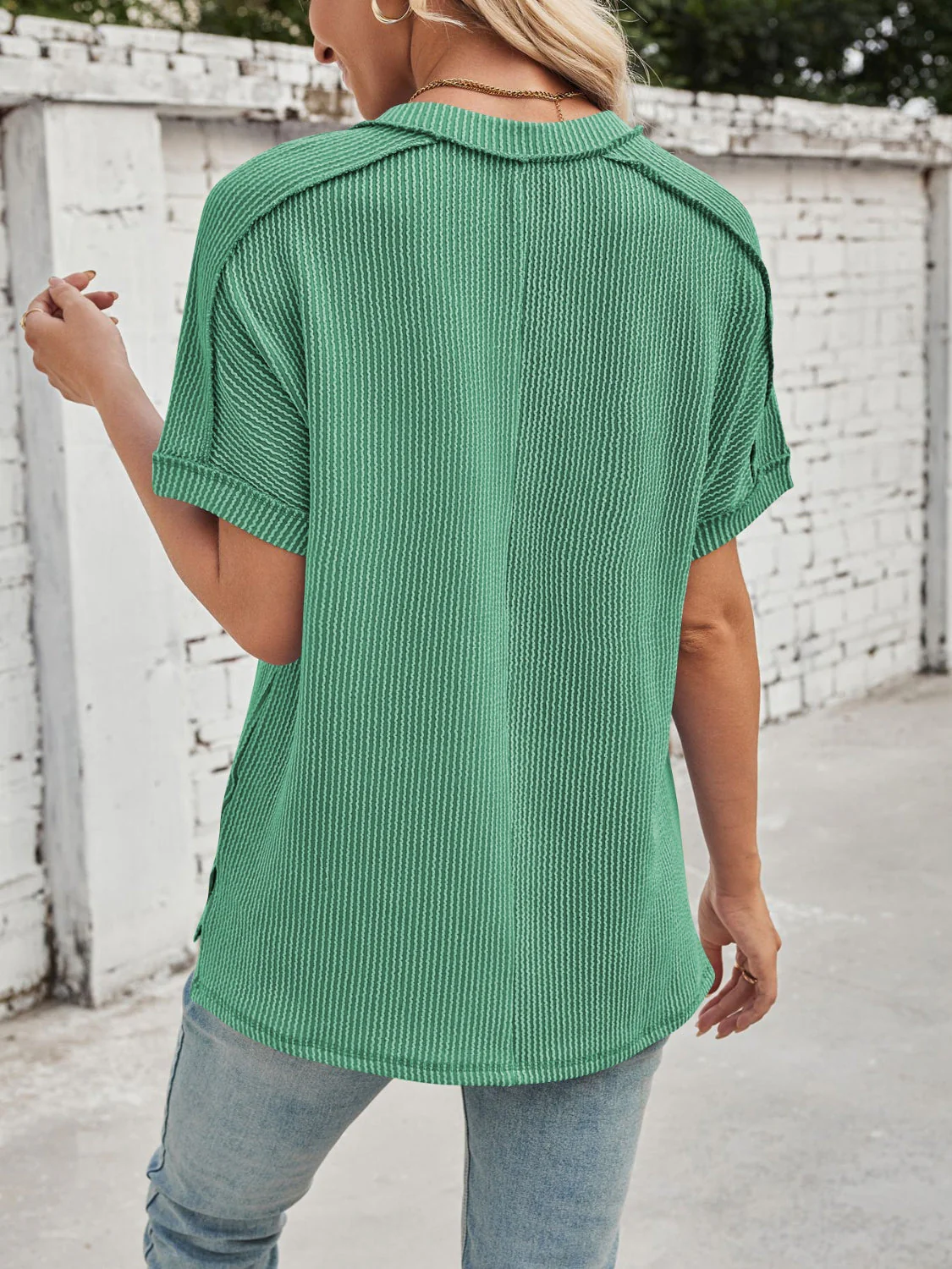 Cord Ribbed V-Neck Short Sleeve T-Shirt - Image 17