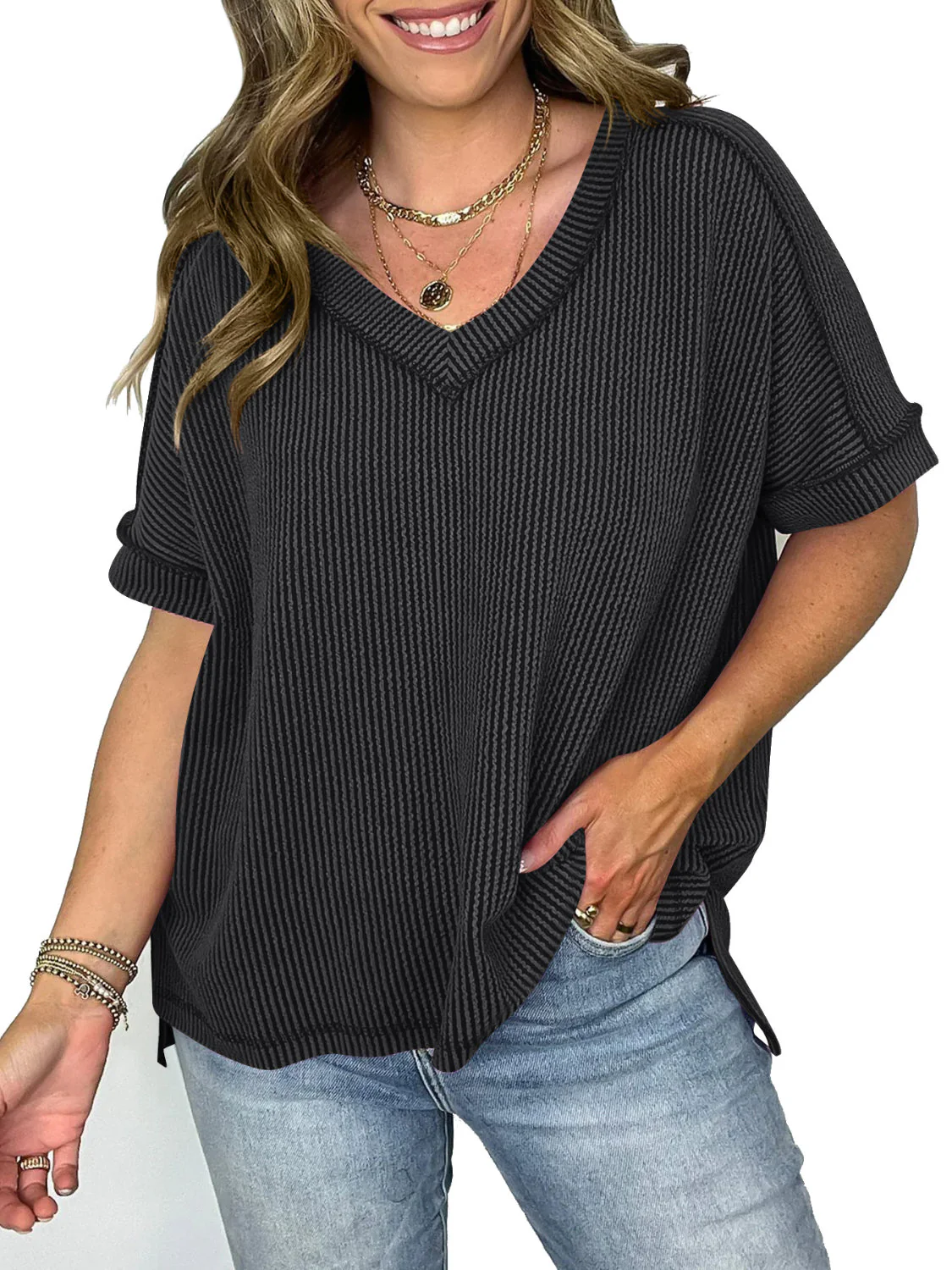 Cord Ribbed V-Neck Short Sleeve T-Shirt - Image 22