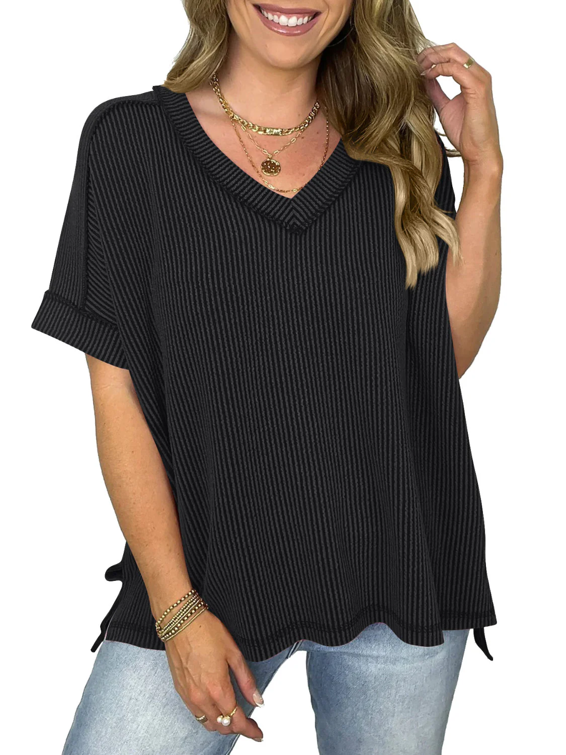 Cord Ribbed V-Neck Short Sleeve T-Shirt - Image 23