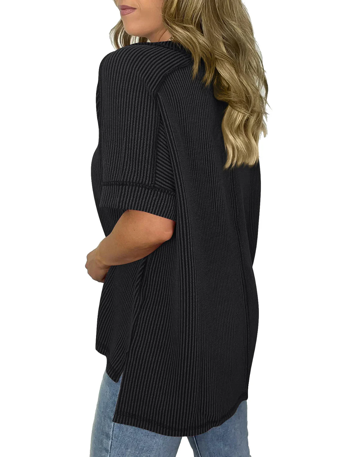 Cord Ribbed V-Neck Short Sleeve T-Shirt - Image 24