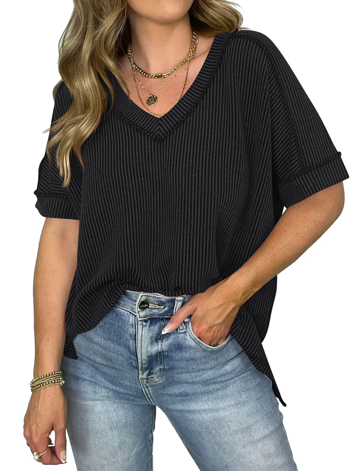 Cord Ribbed V-Neck Short Sleeve T-Shirt - Image 25