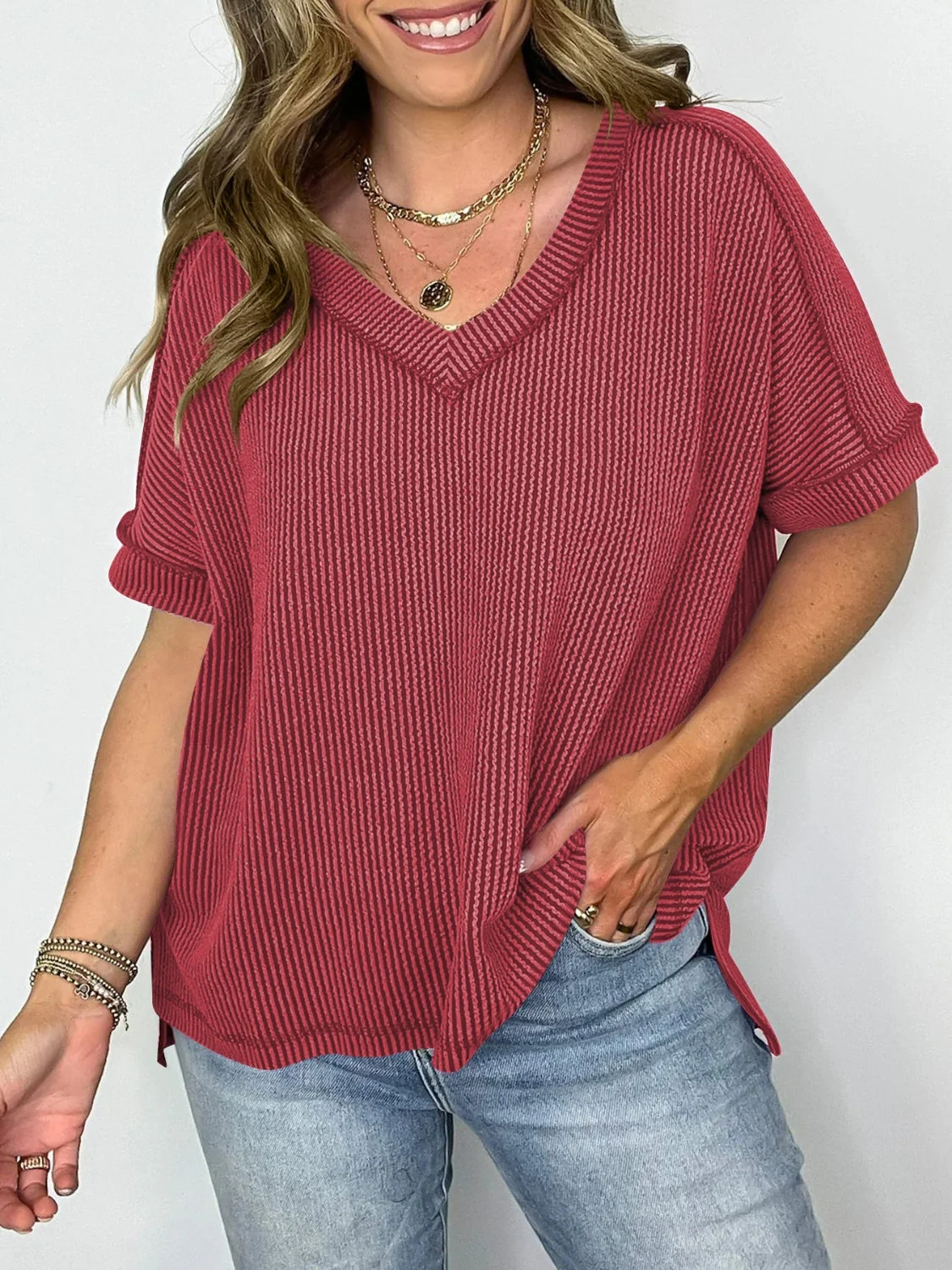 Cord Ribbed V-Neck Short Sleeve T-Shirt - Image 7