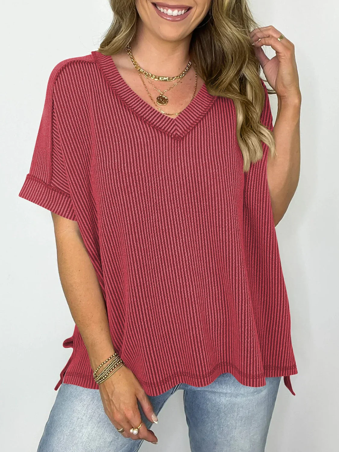 Cord Ribbed V-Neck Short Sleeve T-Shirt - Image 8