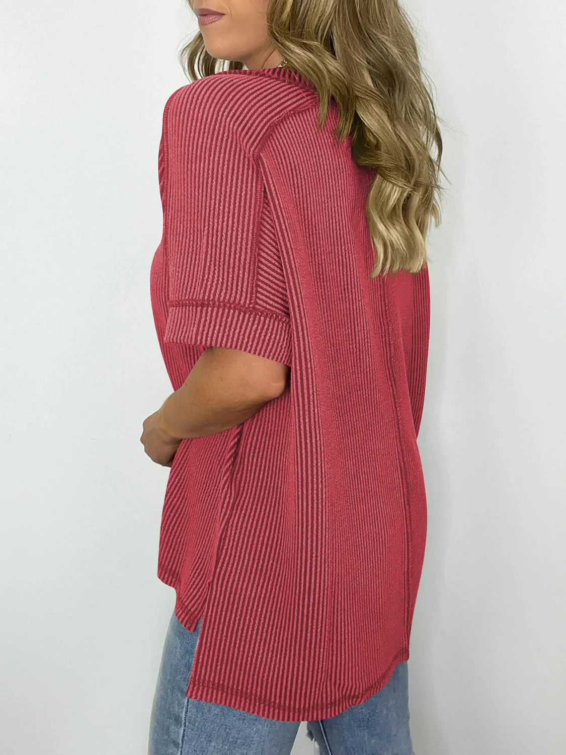 Cord Ribbed V-Neck Short Sleeve T-Shirt - Image 9