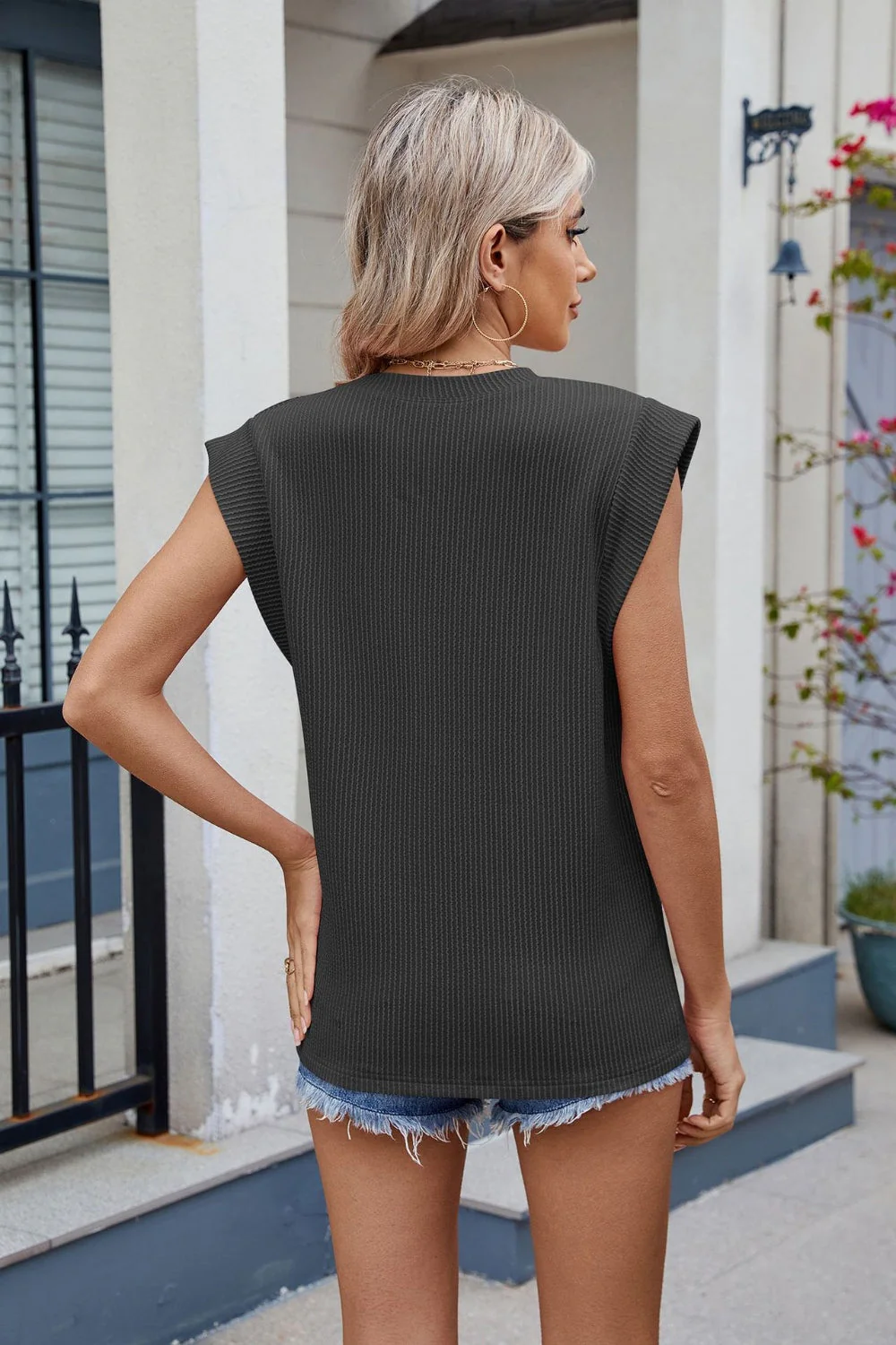Corded Rib Round Neck T-Shirt - Image 4
