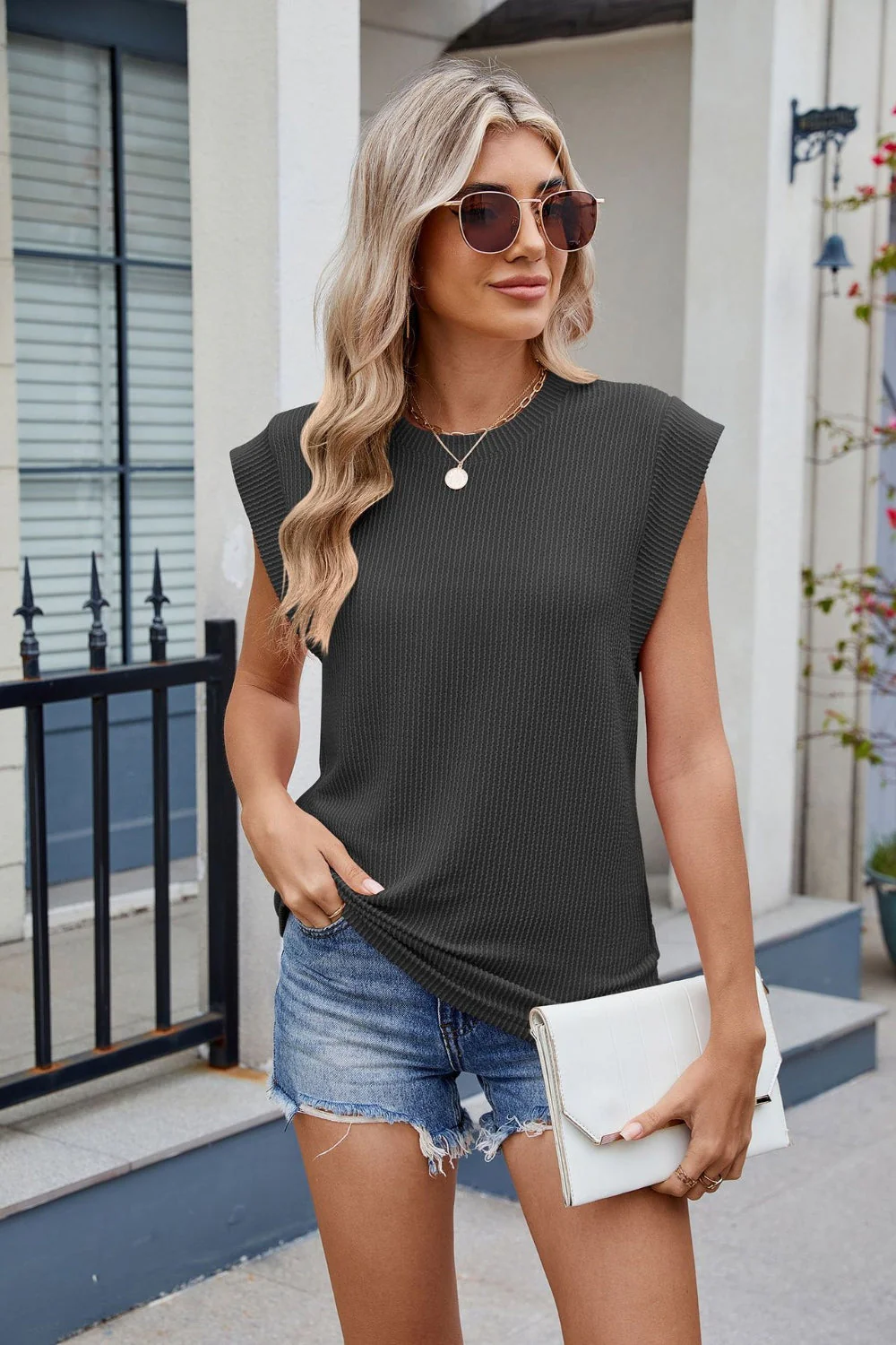 Corded Rib Round Neck T-Shirt - Image 6