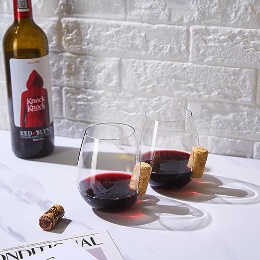 Corked Stemless Wine Glasses | Set of 2 | Stuck In The Glass Wine Cork Cocktail Glassware, Enthusiast Gift, Artisanal Crystal Glassware - Gift Idea for Him, Her, Wine Lover, Housewarming (19.6 OZ) by The Wine Savant - Image 2