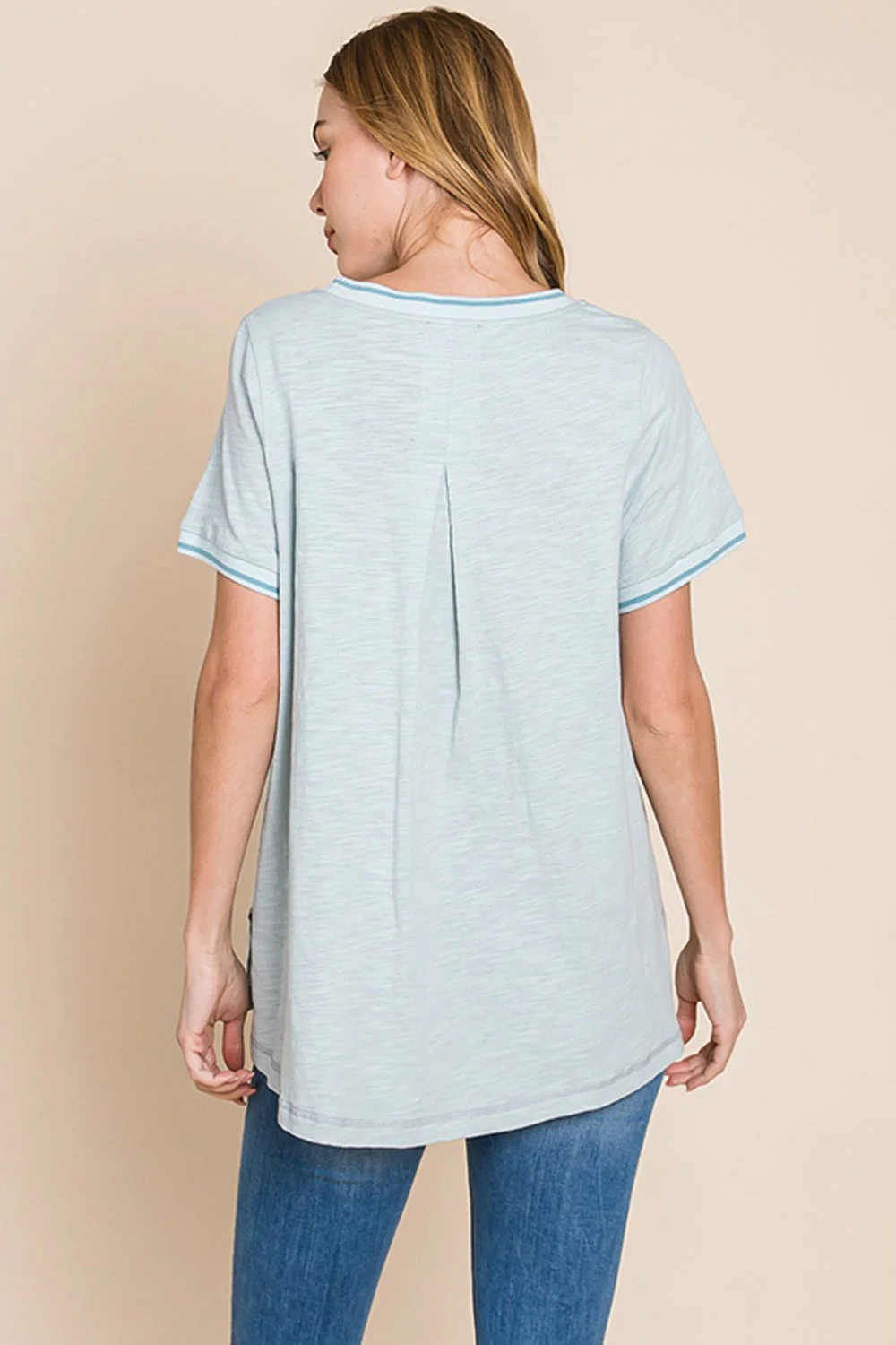 Cotton Bleu by Nu Lab Contrast Trim Short Sleeve Slit T-Shirt - Image 2