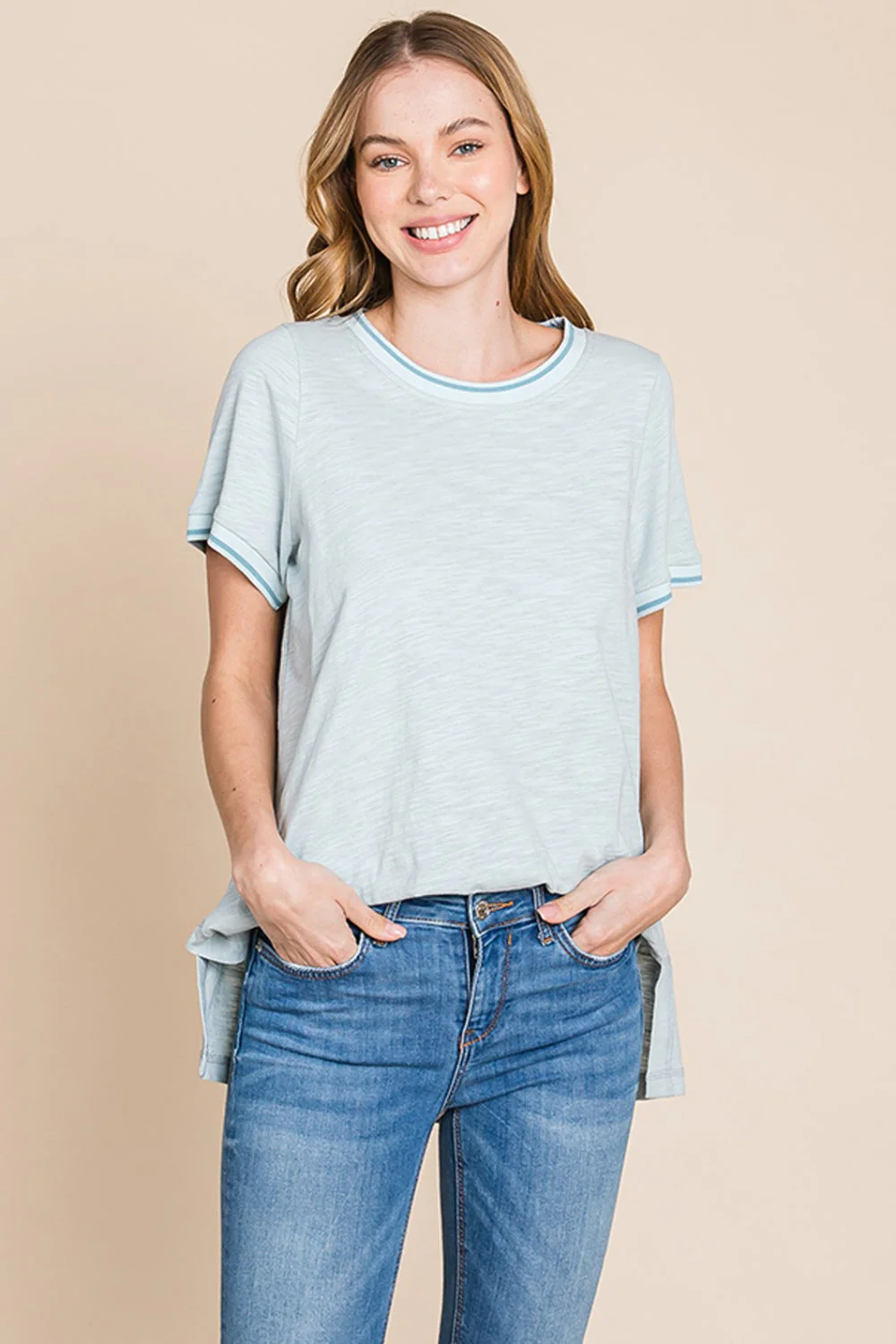 Cotton Bleu by Nu Lab Contrast Trim Short Sleeve Slit T-Shirt - Image 3