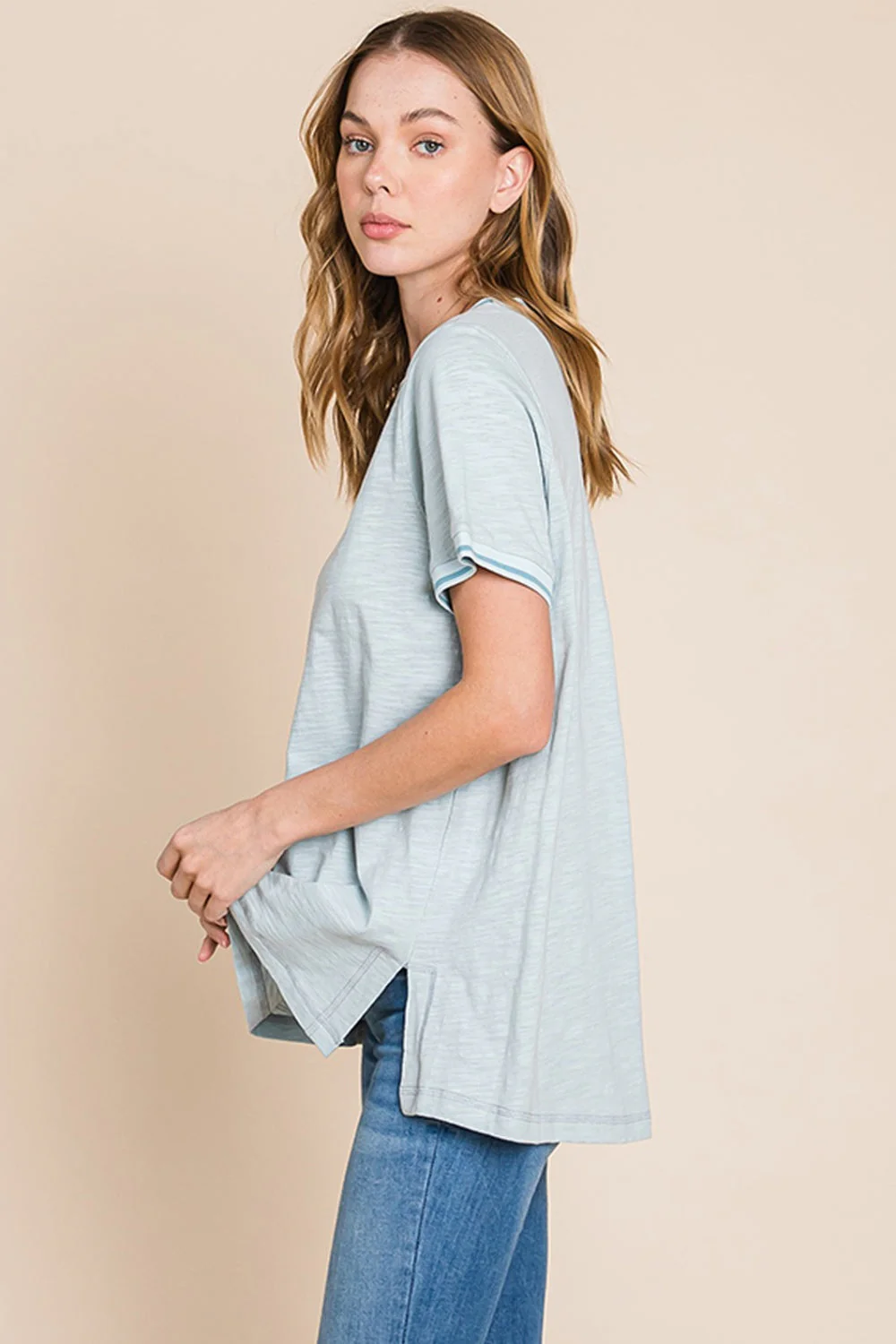Cotton Bleu by Nu Lab Contrast Trim Short Sleeve Slit T-Shirt - Image 4