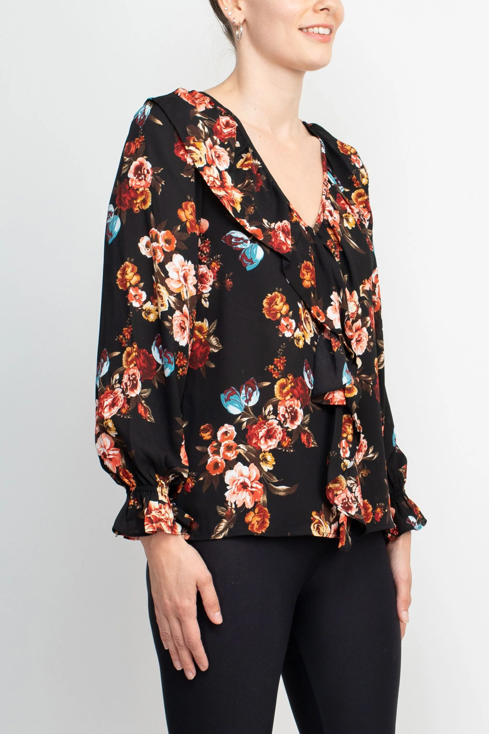 Counterparts Ruffled V-Neck Long Elastic Cuff Long Sleeve Multi Print Crepe Top by Curated Brands - Image 2