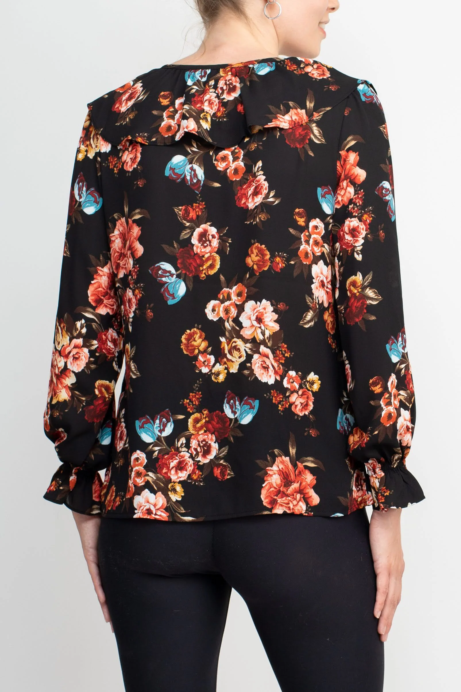 Counterparts Ruffled V-Neck Long Elastic Cuff Long Sleeve Multi Print Crepe Top by Curated Brands - Image 3