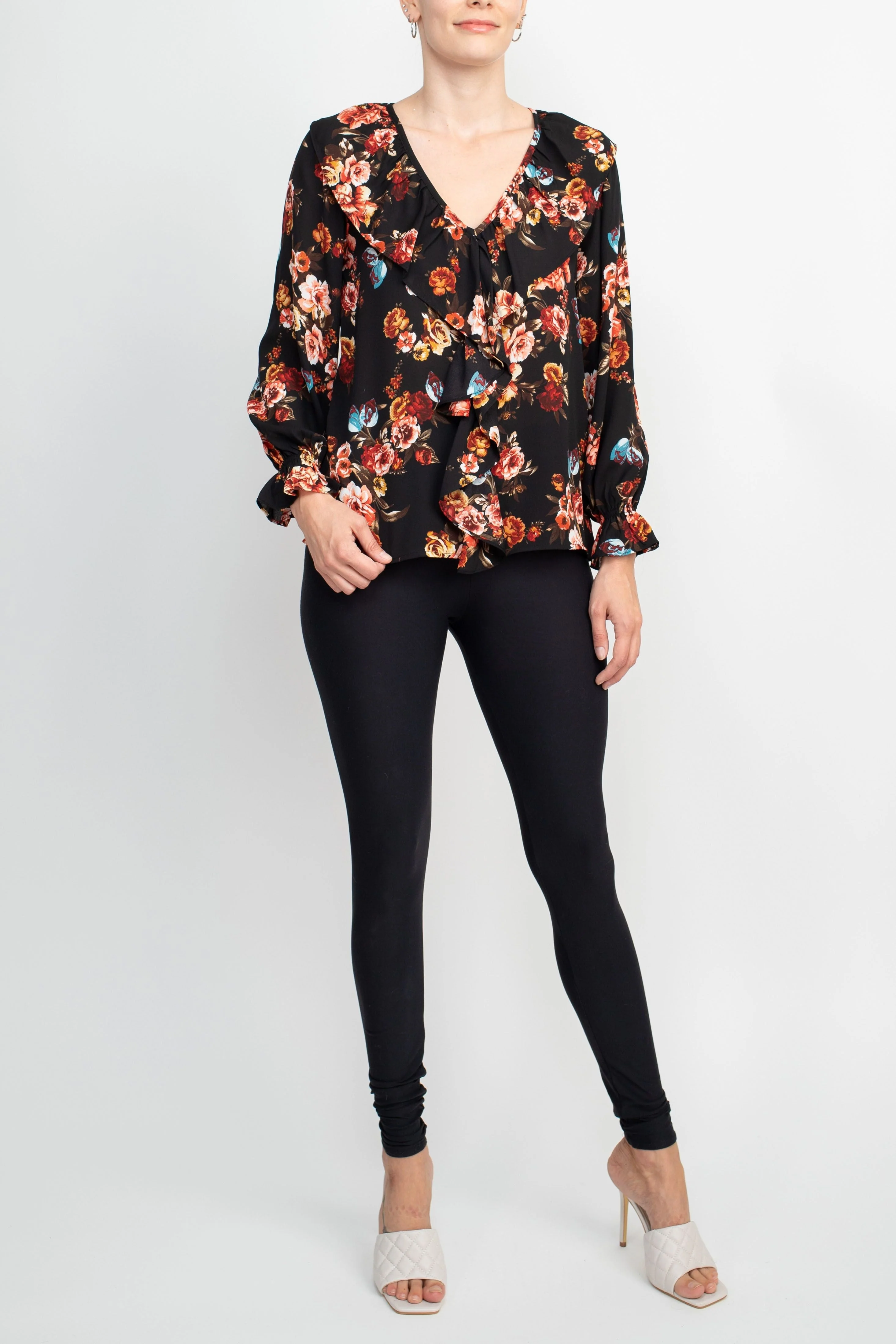 Counterparts Ruffled V-Neck Long Elastic Cuff Long Sleeve Multi Print Crepe Top by Curated Brands - Image 5