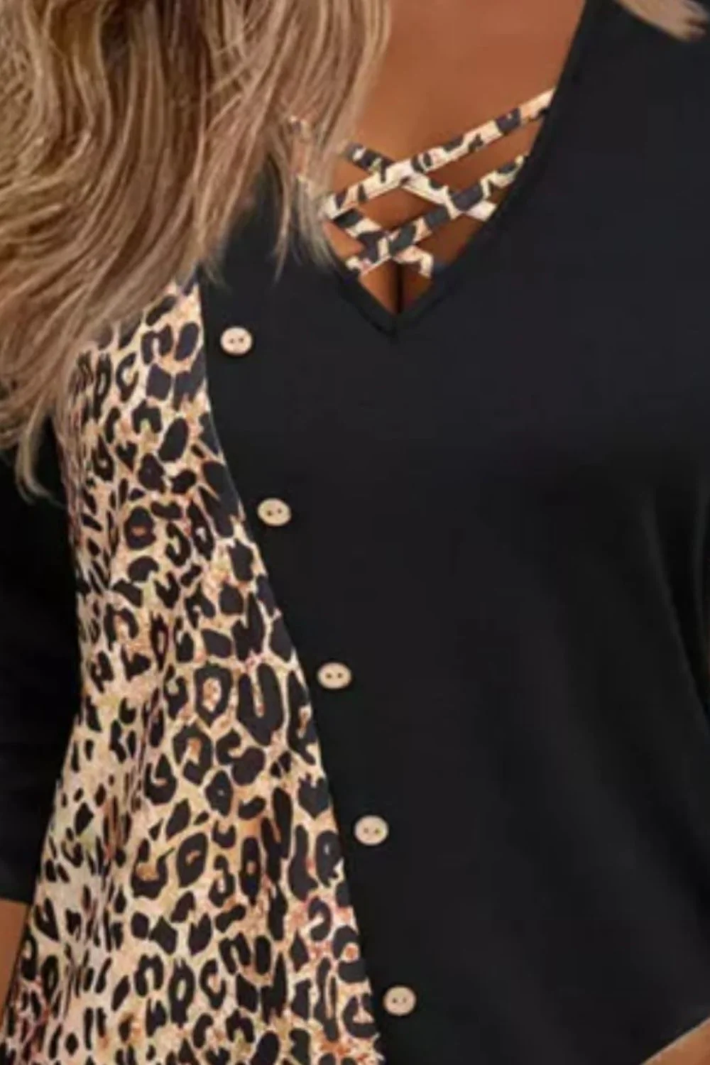 Crisscross Leopard V-Neck Long Sleeve T-Shirt - Image 3