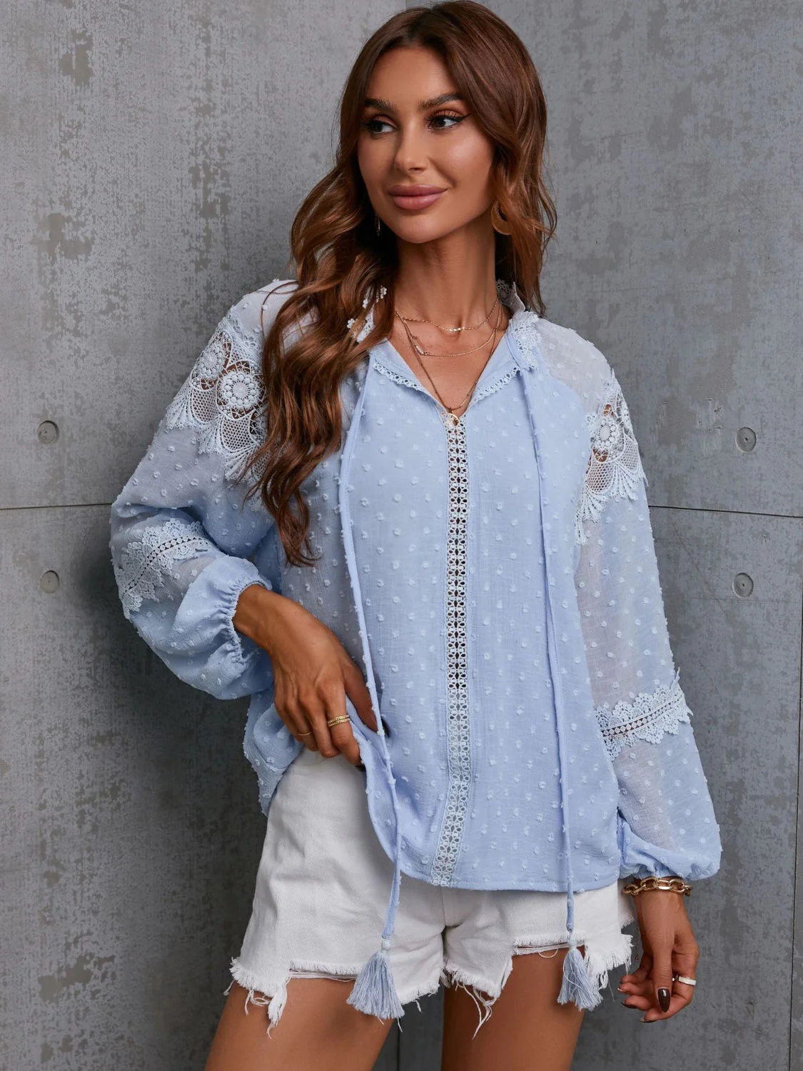 Crochet Tassel Tie Neck Long Sleeve Blouse - Image 11