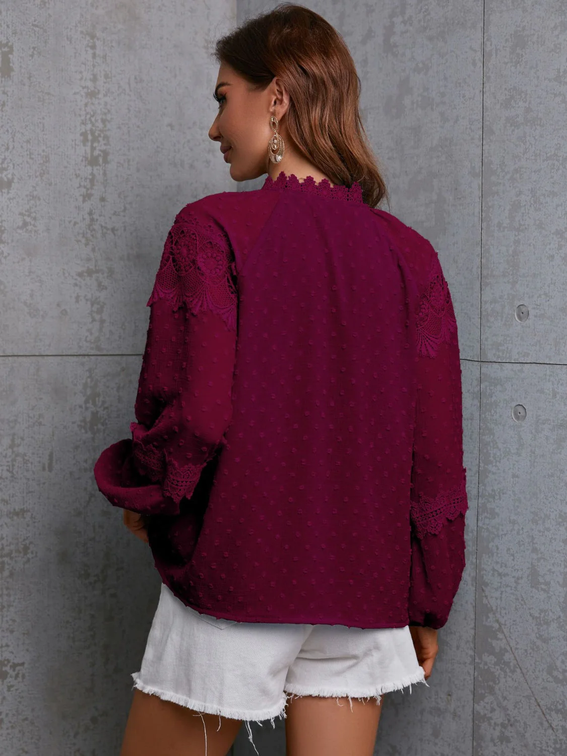Crochet Tassel Tie Neck Long Sleeve Blouse - Image 2