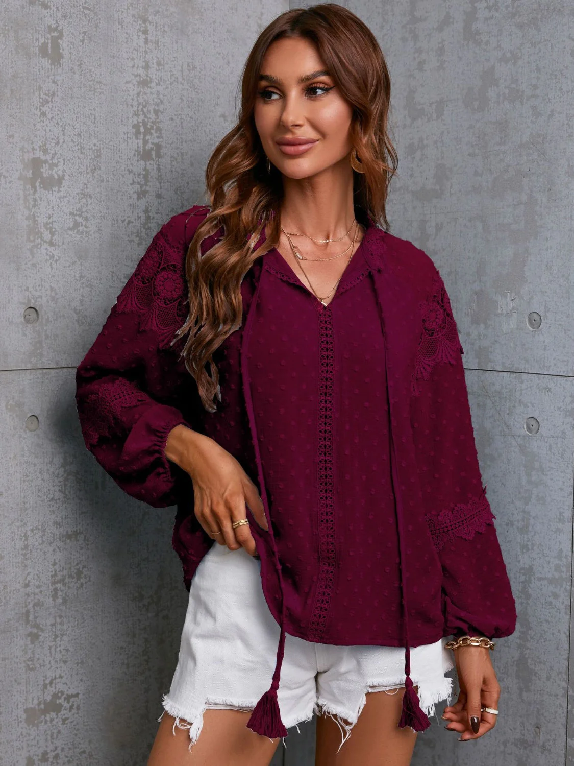 Crochet Tassel Tie Neck Long Sleeve Blouse - Image 3