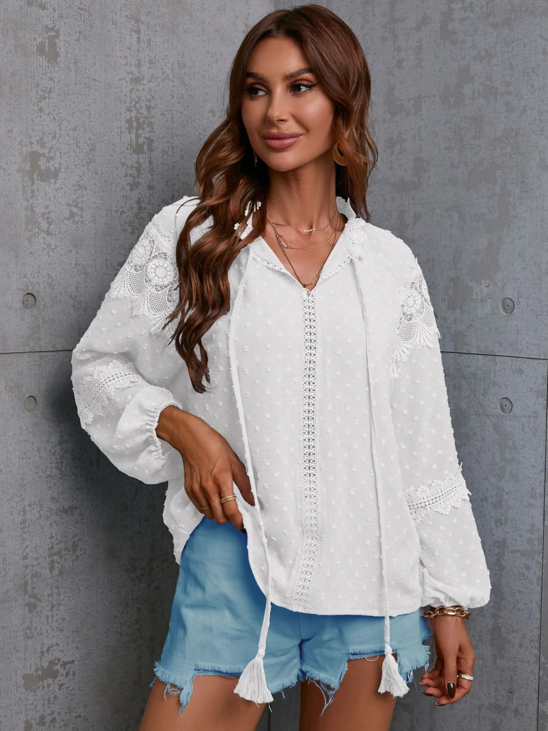 Crochet Tassel Tie Neck Long Sleeve Blouse - Image 4