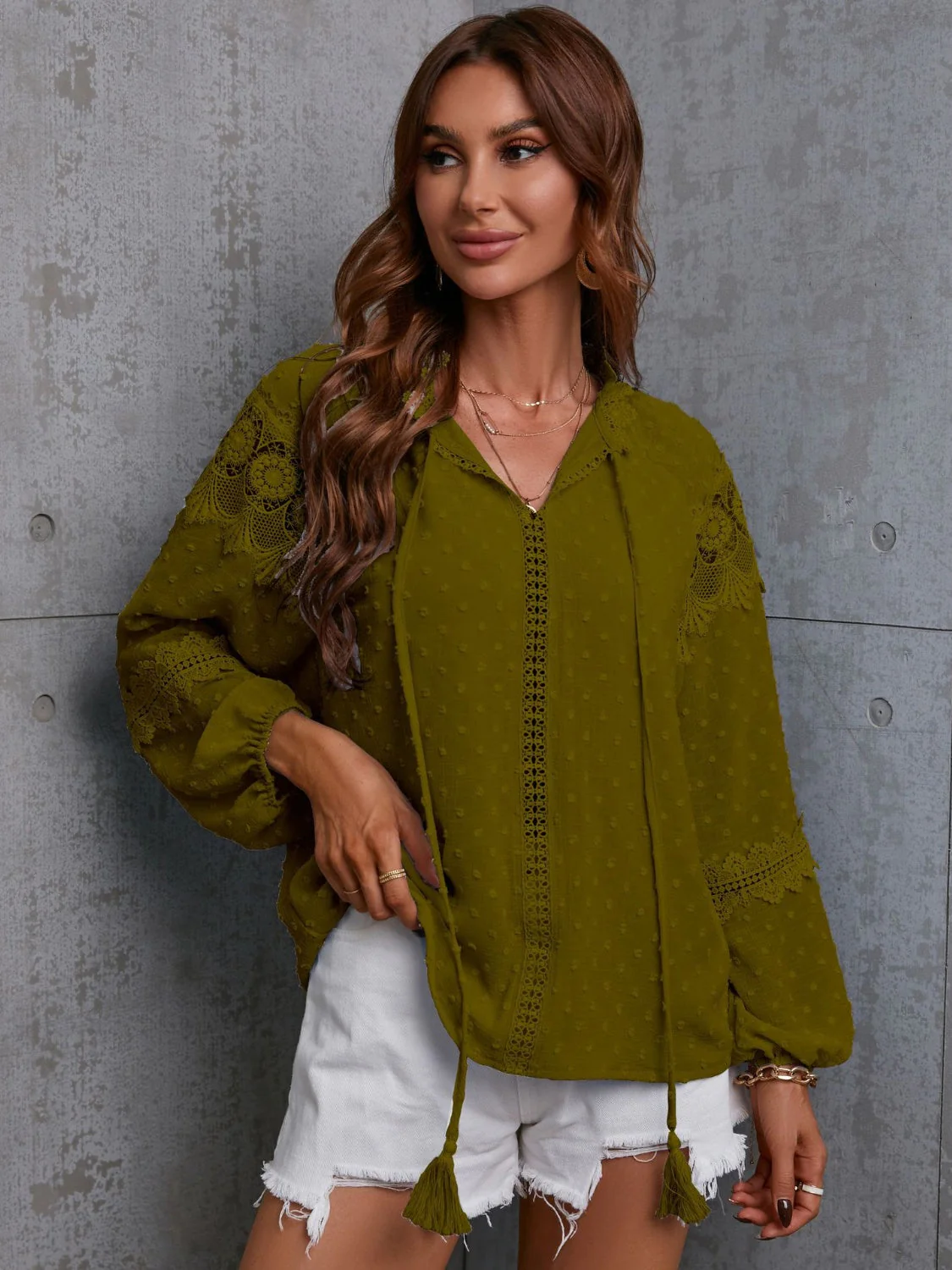 Crochet Tassel Tie Neck Long Sleeve Blouse - Image 7
