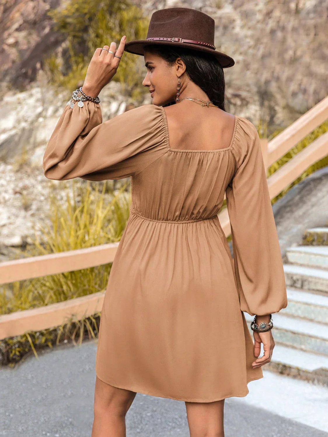 Crochet V-Neck Balloon Sleeve Dress - Image 2