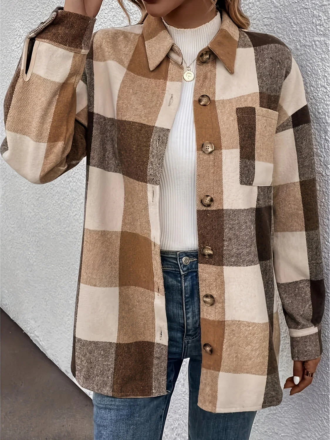 Curved Hem Plaid Collared Neck Shacket - Image 2